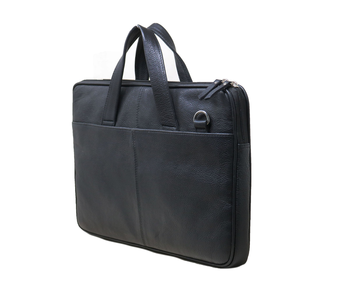 This Image Showcases A Modern Black Leather Laptop Sleeve With Top Handles And Sleek, Streamlined Silhouette. Crafted From Premium Materials, It Features Soft Inner Padding For Protection Front Compartment Documents Or Accessories. Perfect Corporate Professionals, Students, Travelers, Structured Yet Lightweight Case Blends Elegance Utility. Stylish Personalized Birthday Gift, Graduation Customized Gift Men Women Who Appreciate Minimalist Sophistication.