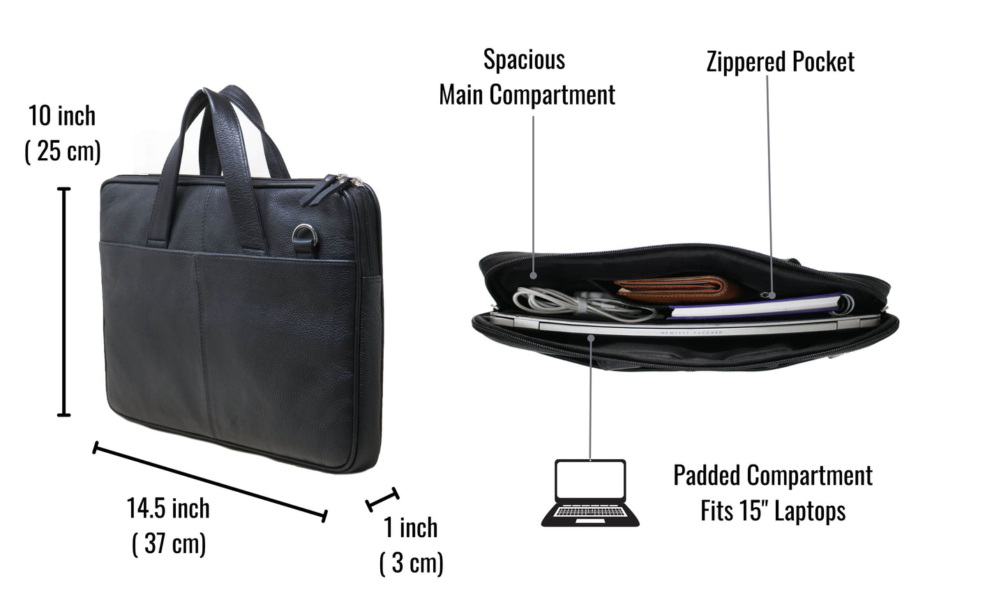 The Dimensions And Internal Structure Of A Sleek Leather Laptop Bag, Measuring 14.5 X 10 1 Inches (37 25 3 Cm). It Features Padded Compartment That Securely Fits 15-inch Laptops, Spacious Main For Accessories, Zippered Inner Pocket Organizing Essentials. Crafted Modern Professionals, This Slim Functional Bag Is Ideal Travel, Work, Or Daily Use.