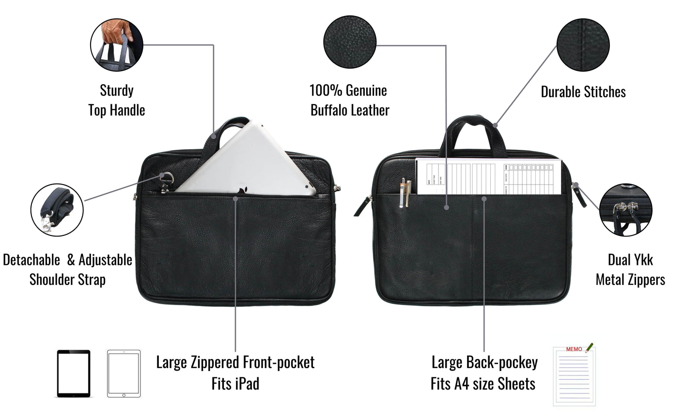This Image Showcases A Premium Black Leather Laptop Bag Made From 100% Genuine Buffalo Leather, Featuring Sturdy Top Handle, Detachable Shoulder Strap, Dual Ykk Zippers, And Reinforced Stitching. The Front Pocket Fits An Ipad; Spacious Back Holds A4 Documents. Perfect For Business, College, Or Office Use, It Blends Elegance With Function—a Customized Gift Men Women, Ideal As Personalized Birthday Graduation Gift.