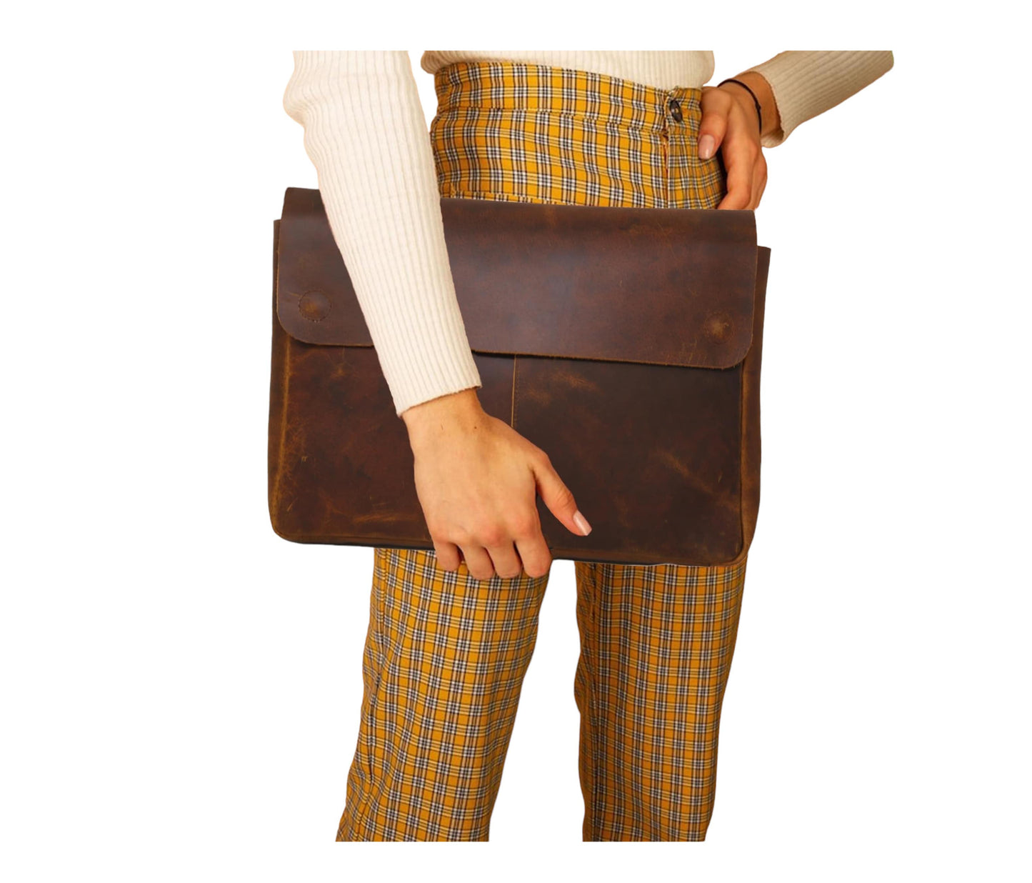 This Handcrafted Buffalo Hide Laptop Portfolio Combines Style And Protection, Made From Authentic, High-quality Leather. Perfect For Laptops, Tablets, Or Notebooks, It Features A Secure Snap Closure Rugged Charm. The Soft Yet Durable Leather Ages Beautifully Over Time. Ideal Business, Study, Travel, Sleek Case Makes Thoughtful Personalized Birthday Gift, Graduation Customized Gift Men Women Who Value Timeless Craftsmanship Functionality.