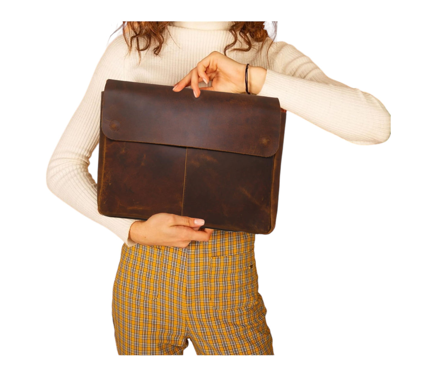 This Handcrafted Buffalo Leather Laptop Cover Is Confidently Held To Showcase Its Classic Charm. Made From Top-quality Full-grain Hide, It Features A Slim Silhouette And Secure Magnetic Closure—perfect For Carrying Laptops, Tablets, Documents. Durable Elegant, It’s Ideal Work, Travel, Or Daily Use. Thoughtful Personalized Birthday Gift, Graduation Customized Gift Men Women That Develops Rich Patina Over Time.
