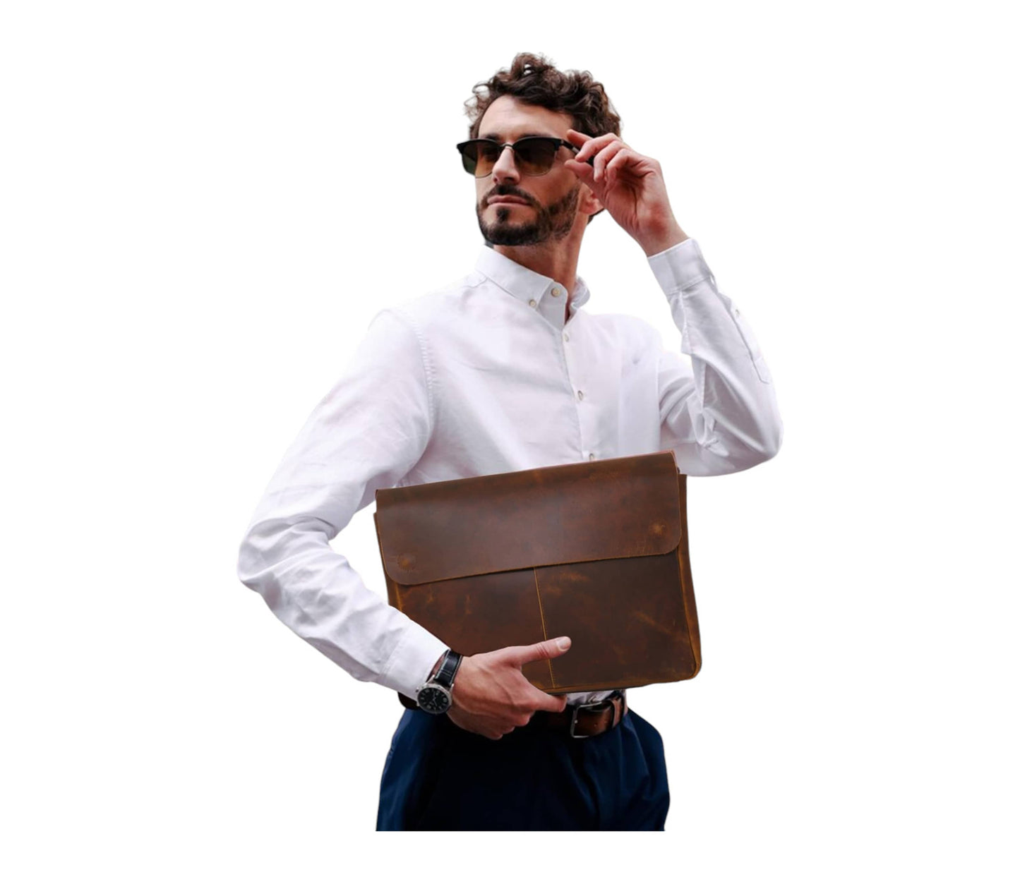 A Well-dressed Man In White Shirt And Dark Trousers Holds Premium Brown Leather Laptop Sleeve With Rich, Vintage Finish That Exudes Timeless Elegance. Handcrafted For Professionals, It Combines Durability Sophistication—ideal Work, Meetings, Or Travel. His Confident Stance Stylish Accessories Highlight The Sleeve’s Blend Of Function Classic Design. Perfect Personalized Birthday Gift, Graduation Customized Gift Men Women Business.
