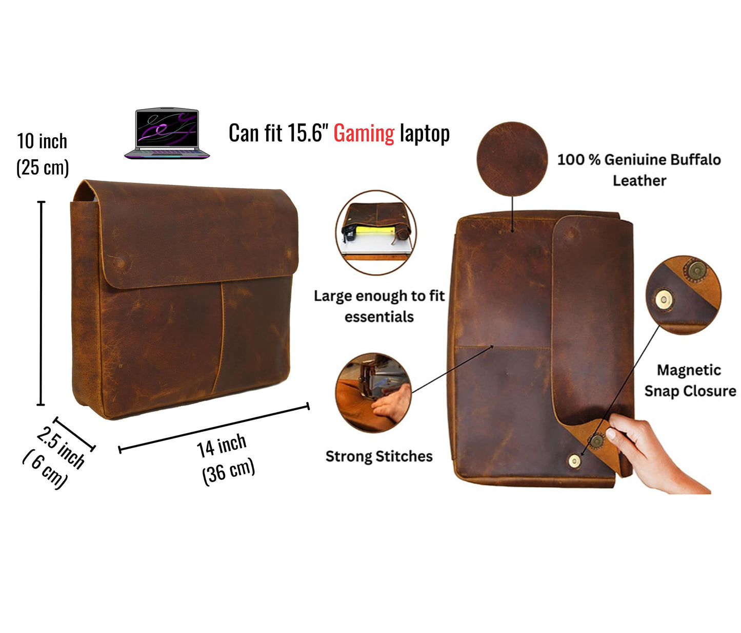 This Premium Handcrafted Laptop Sleeve Is Made From Authentic Top-grain Buffalo Hide, Offering A Rugged Yet Sophisticated Look. Designed To Fit Laptops Up 15.6 Inches, Including Gaming Models, It Features Durable Stitching, Secure Magnetic Snap Closure, And Space For Accessories Or Notebooks. Sleek Functional, It’s Ideal Professionals, Students, Travelers—a Perfect Personalized Birthday Gift, Graduation Customized Gift Men Women.