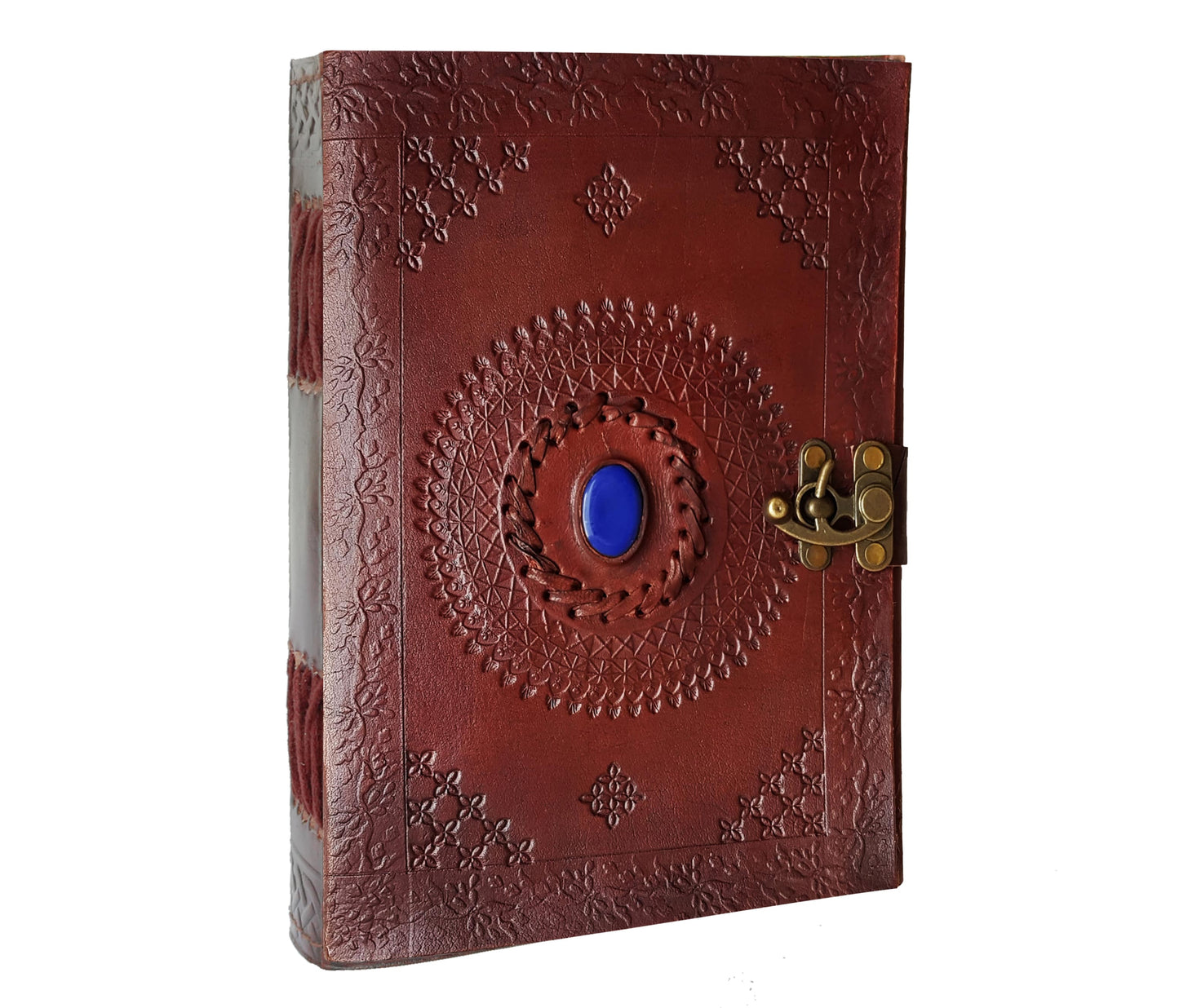 This Personalized Handcrafted Leather Journal Features A Deep Blue Stone Centerpiece Encircled By Intricate Hand-tooled Patterns. Its Rich Reddish-brown Cover And Antiqued Brass Clasp Blend Old-world Elegance With Practical Charm. Inside, Thick Acid-free Pages Invite Sketches, Notes, Or Secrets To Flow Freely. Customized Gift For Men Women—perfect Birthdays, Graduations, Creative Souls—this Vintage-style Notebook Is Striking, Inspiring Companion Everyday Adventures.