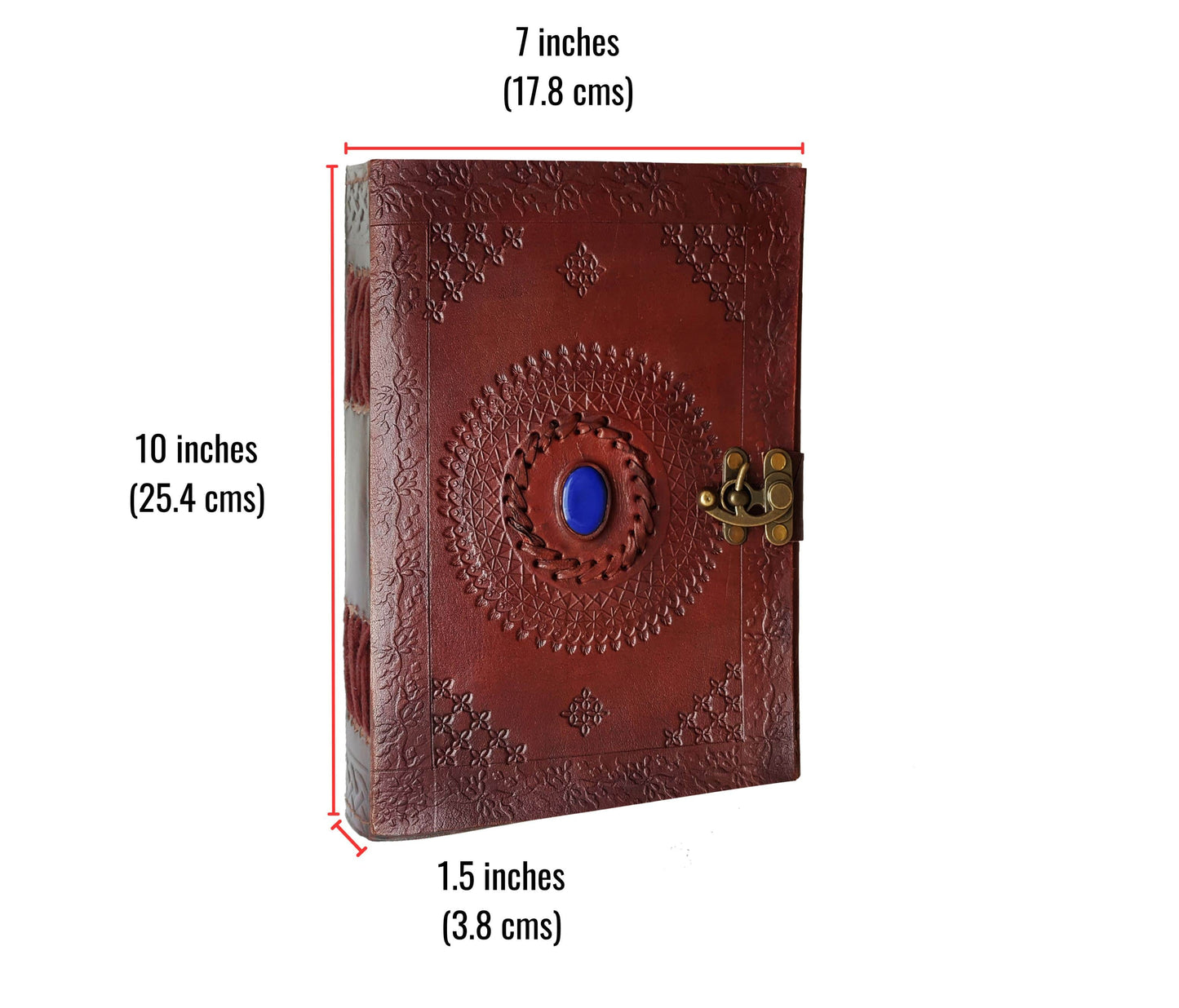 Elevate Your Writing With This Personalized 10x7-inch Handcrafted Leather Journal, Featuring A Mystical Blue Stone And Intricate Embossing. Secured An Antique Brass Clasp, The 1.5-inch Spine Reveals Acid-free Pages Rich Black Fabric Lining—perfect For Ink, Sketches, Or Spells. Crafted From Premium Full-grain Fine Stitching, It’s Customized Gift Men Women—ideal Birthdays, Graduations, Daily Inspiration, Soulful Travel Reflections.