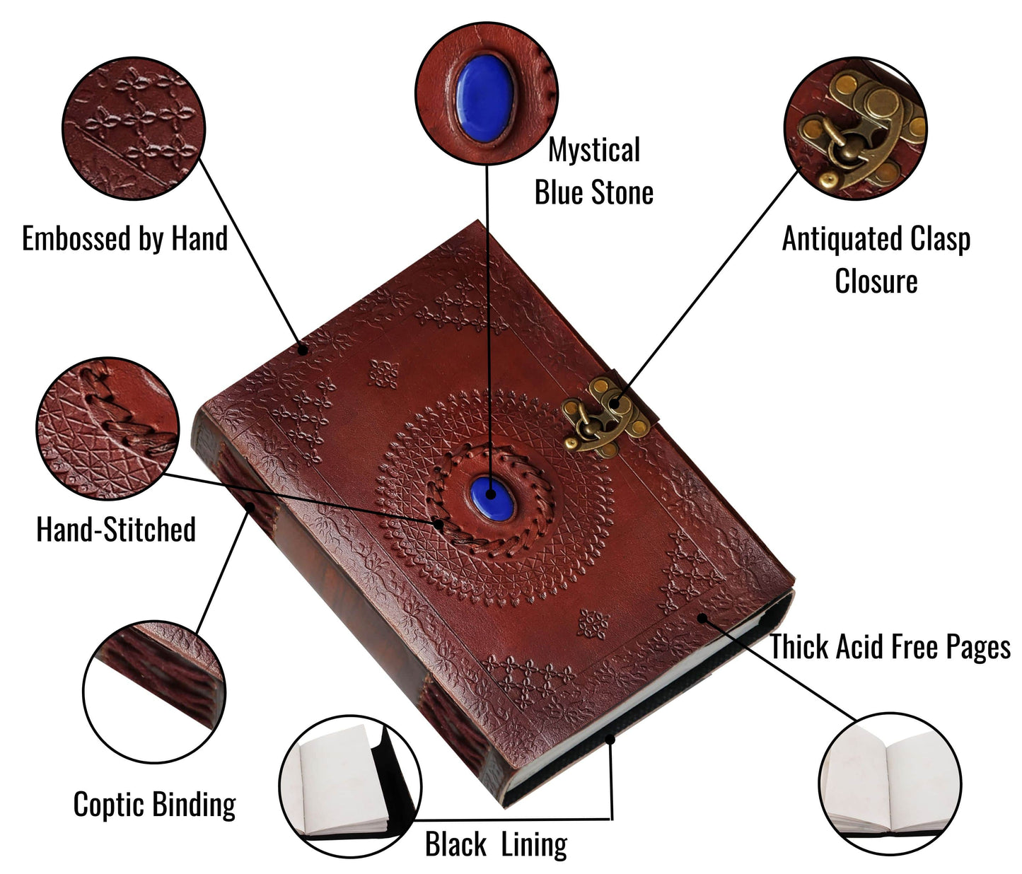 Unleash Your Creativity With This Personalized 10x7-inch Handcrafted Leather Journal, Featuring A Hand-stitched Cover, Intricate Embossing, And Mystical Blue Stone Centerpiece. Coptic Binding, Black Fabric Lining, An Antiquated Clasp, It Offers Both Elegance Durability. Inside, Thick Acid-free Pages Invite Journaling, Sketching, Or Calligraphy. Customized Gift For Men Women—perfect Birthdays, Graduations, Spiritual Use—this Artisan Piece Blends Function Old-world Charm.