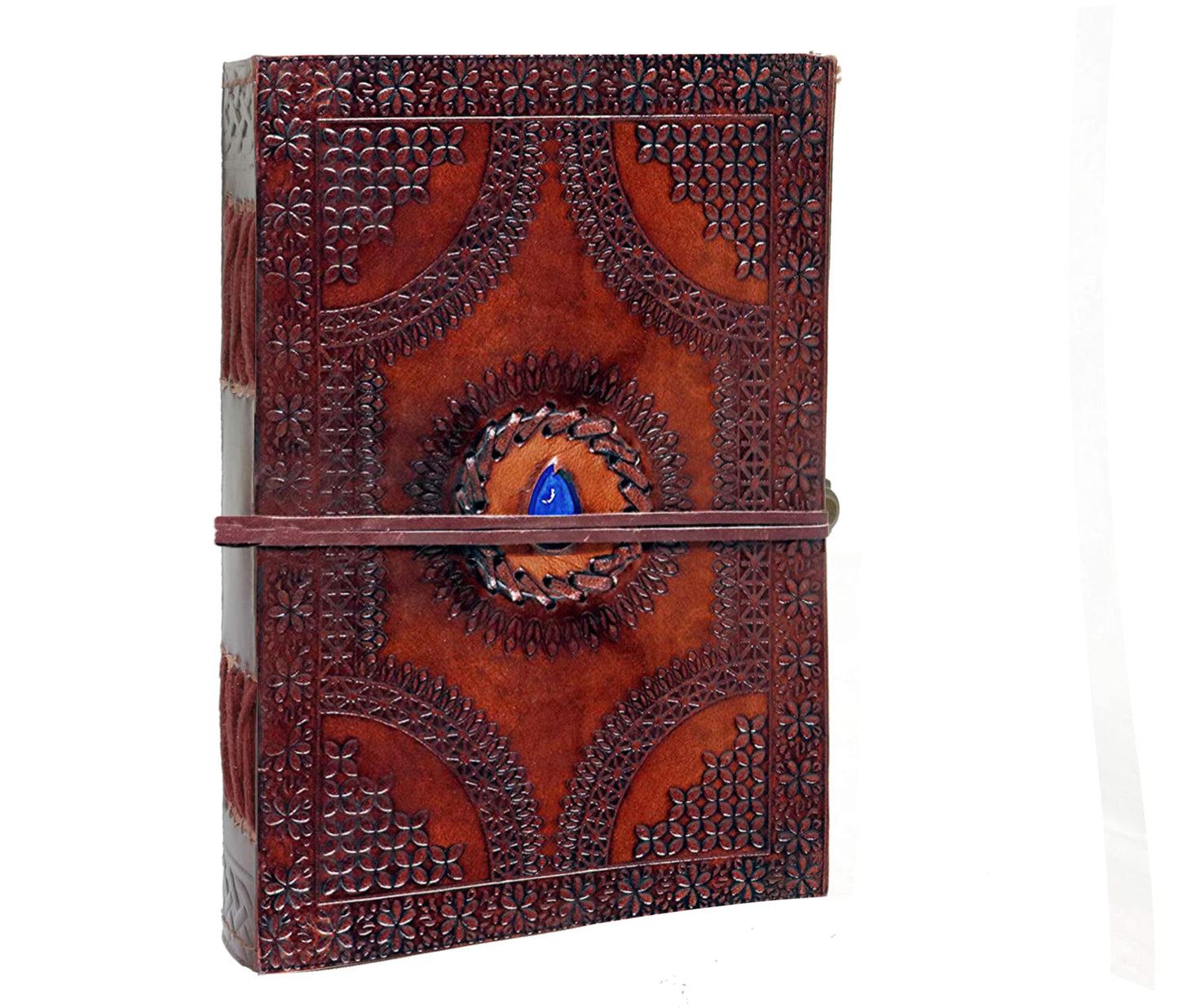 Embrace Old-world Craftsmanship With This Personalized Leather Journal, Featuring A Vivid Blue Gemstone Symbolizing Serenity And Strength. Intricately Embossed Floral Arc Patterns, It Radiates Elegance Spiritual Depth. Crafted From Rich Brown Secure Wraparound Strap, It's Ideal For Journaling, Sketching, Or Reflection. Customized Keepsake Thoughtful Gift Men Women—perfect Birthdays, Graduations, Anyone Seeking Inspiration On Every Page.