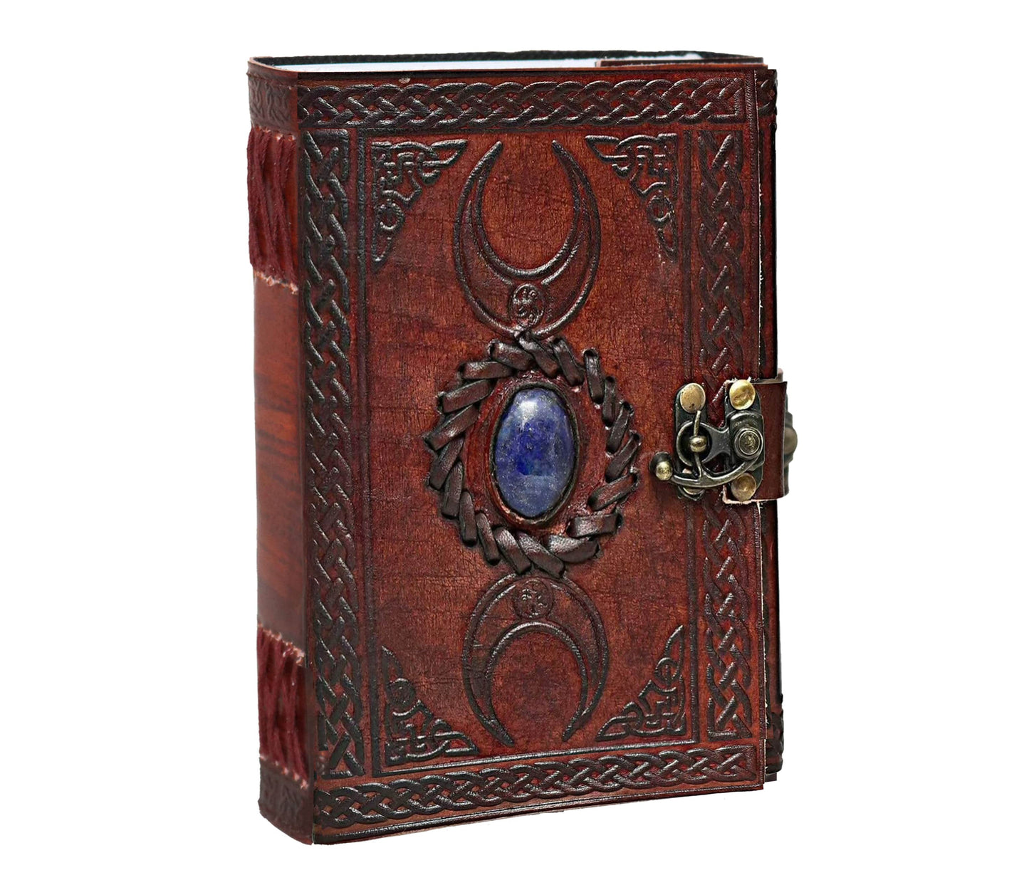 Unveil The Magic Within With This Vintage-inspired Leather Journal, Beautifully Etched Triple Goddess Symbol And Crowned By A Luminous Lapis-hued Centerpiece. Antique Brass Clasp Lock Secures Your Secrets, While Rich Mahogany Cover—expertly Hand-embossed—radiates Timeless Mysticism. Designed For Dreamers, Witches, Writers Alike, Journal Serves As Sacred Space To Pen Spells, Sketch Visions, Or Craft Daily Reflections. Perfect Blend Of Artistry Function Those Drawn Old Ways.