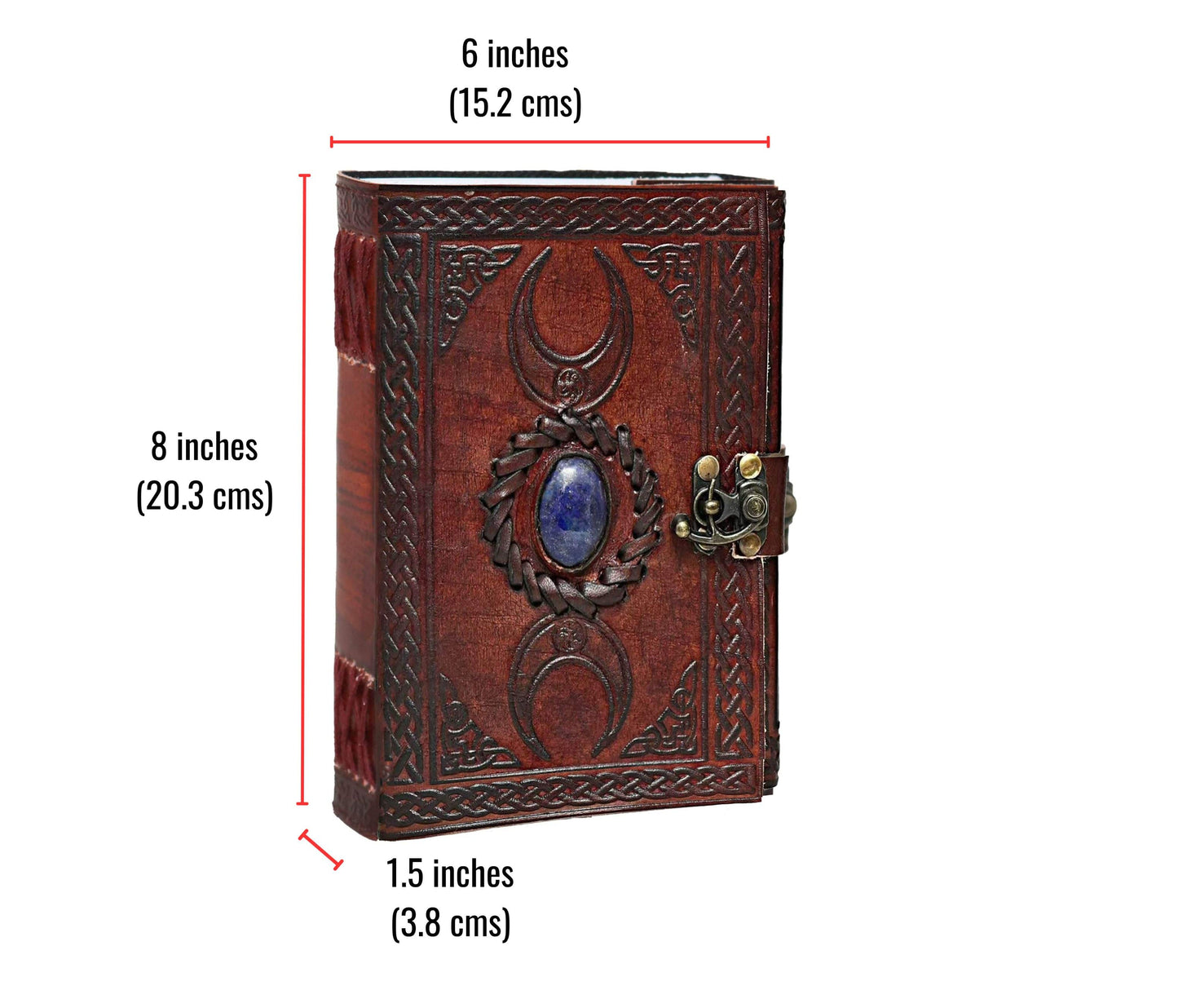 Step Into A World Of Ancient Magic With This 8-inch Handcrafted Leather Journal, Embossed The Sacred Triple Moon Symbol And Adorned Striking Lapis Lazuli Gemstone. Featuring Intricate Celtic Knotwork Borders, Durable Metal Latch Clasp, Premium 6 X Size, It's Perfect For Deep Journaling, Spells, Or Art. Hand-stitched Spine 1.5-inch Thickness Ensure Lasting Durability, While Earthy Red Tone Adds Rustic Charm. Timeless, Customized Gift Witches, Writers, Lovers Old-world Craftsmanship.