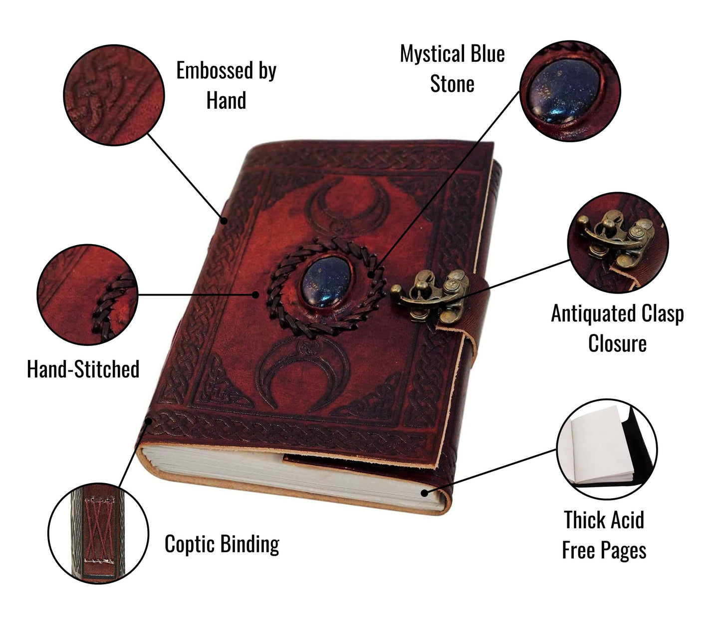 Unveil Your Creativity With This Handmade Leather Journal Featuring The Sacred Triple Moon Design, A Genuine Mystical Blue Stone, And Secure Antiquated Clasp Closure. Embossed By Hand Stitched Using Traditional Coptic Binding, 6x8-inch Diary Offers Thick, Acid-free Pages—ideal For Writing, Sketching, Or Spiritual Journaling. Deep Red Cover Radiates Warmth Durability, While Premium Craftsmanship Ensures Timeless Feel. Whether You're Writer, Witch, Wanderer, Vintage Moonstone Blends Elegance Magic In Every