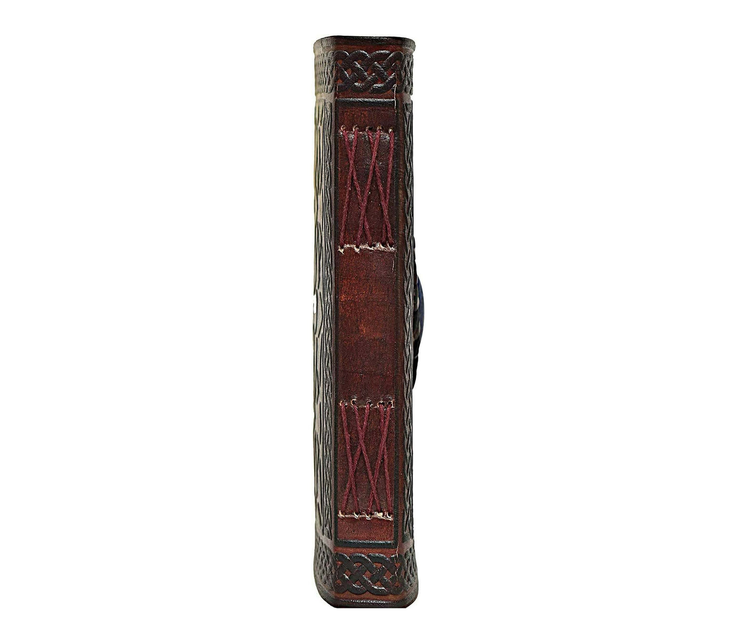 Admire The Artistry In Every Detail Of This Vintage Leather Journal, Where Even Spine Speaks Timeless Elegance. Crafted With Precision, Hand-stitched X-pattern Coptic Binding Ensures Durability And Flexibility For Everyday Use. Rich Maroon Is Bordered Celtic Embossing, Exuding Medieval Charm. Whether Displayed On A Shelf Or Held Your Hand, Artisan-made Notebook Symbol Beauty Strength—perfect Writers, Artists, Gift-givers Seeking Unique Personalized Customized Treasure.