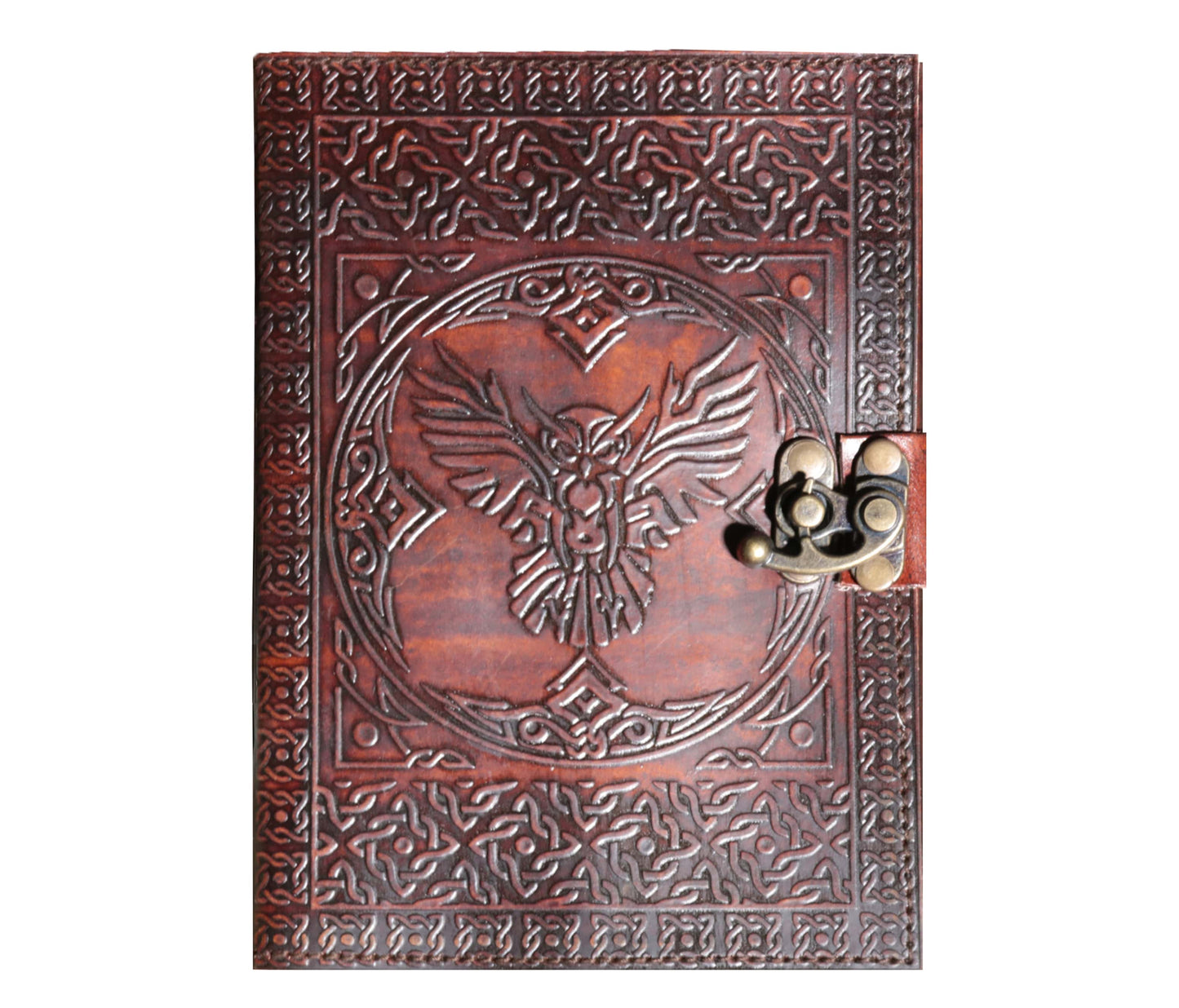 Channel Ancient Wisdom With This Handcrafted Leather Journal, Featuring A Majestic Owl Intricately Embossed On The Cover. Symbolizing Knowledge And Intuition, The Design Is Framed By Celtic-style Borders For A Mystical Touch. Crafted From Premium Full-grain Leather, It Includes A Secure Brass Latch And Hand-stitched Coptic Binding. With Thick, Acid-free Pages Inside, It’s Ideal For Writing, Sketching, Or Spiritual Reflection—a Perfect Personalized Or Customized Gift With Timeless Charm And Room