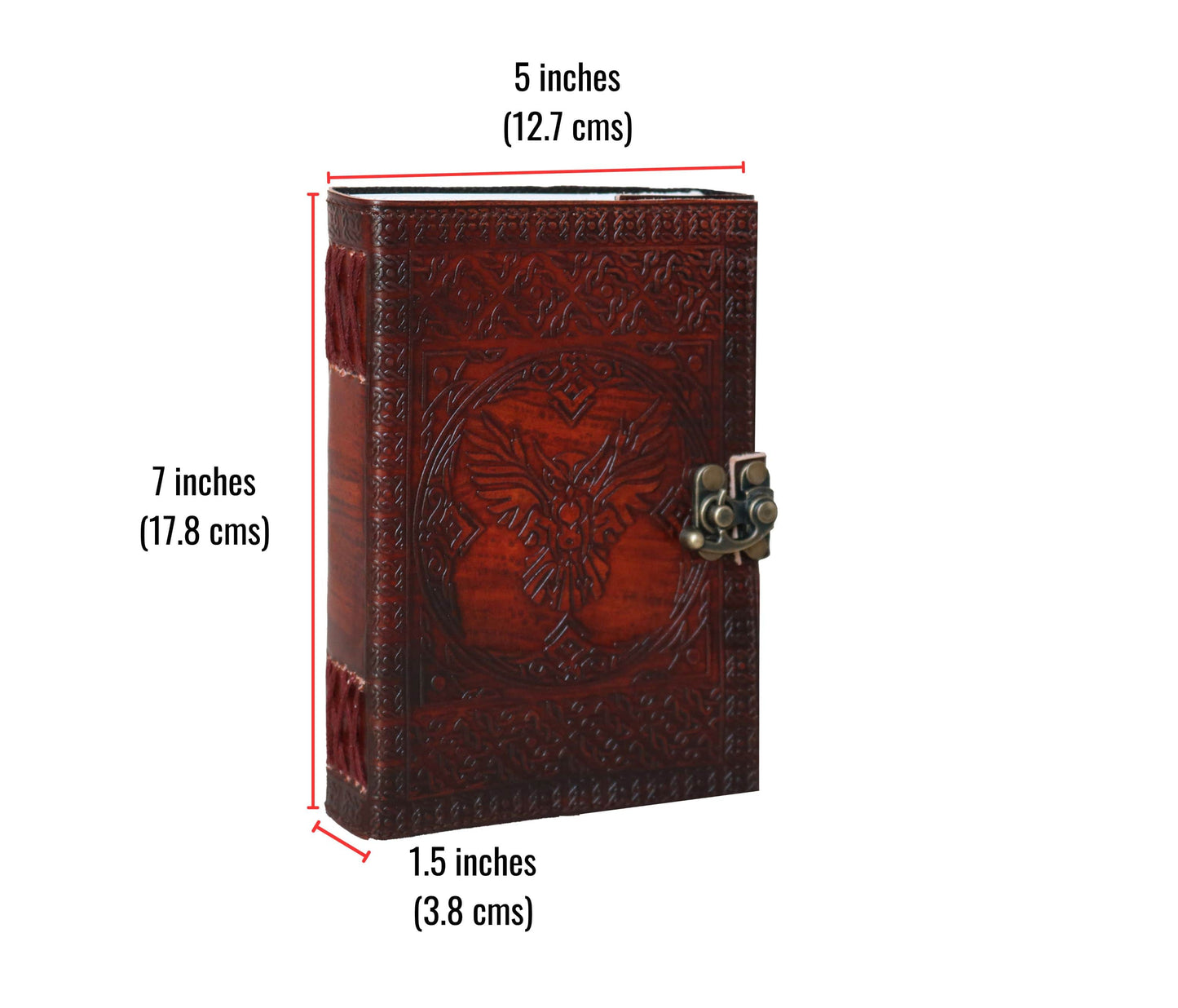 Handmade Leather Journal With Phoenix Embossing & Lock – 7x5 Inches | Vintage Writing Notebook Elevate Your Journaling Experience This Exquisitely Handcrafted Journal, Designed To Inspire Bold Thoughts And Deep Reflection. Measuring 7 Tall, 5 Wide, 1.5 Thick (17.8 X 12.7 3.8 Cm), Portable Yet Spacious Is Perfect For Daily Writing, Sketching, Or Spiritual Musings. The Cover Features A Deeply Hand-tooled Emblem, Powerful Symbol Of Rebirth Resilience, Framed By Ornate Celtic Patterns That Exude Old-world Charm