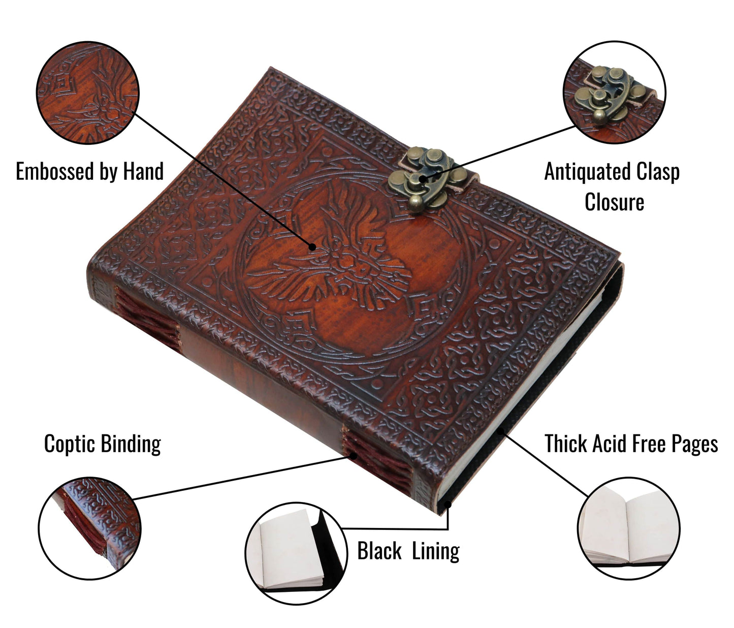 This Handcrafted Leather Journal Features A Majestic Hand-embossed Phoenix Design, Symbolizing Transformation And Inner Strength. Made From Genuine Leather, It Showcases Meticulous Artisan Details, Including Durable Coptic Binding For Flat-lay Writing, Secure Antiquated Clasp Closure, Soft Black Lining Added Elegance. Inside, Thick Acid-free Handmade Paper Is Perfect Sketching, Or Spiritual Reflection. With Its Vintage Charm, Symbolic Eco-conscious Materials, Makes Meaningful Customized Personalized Gift