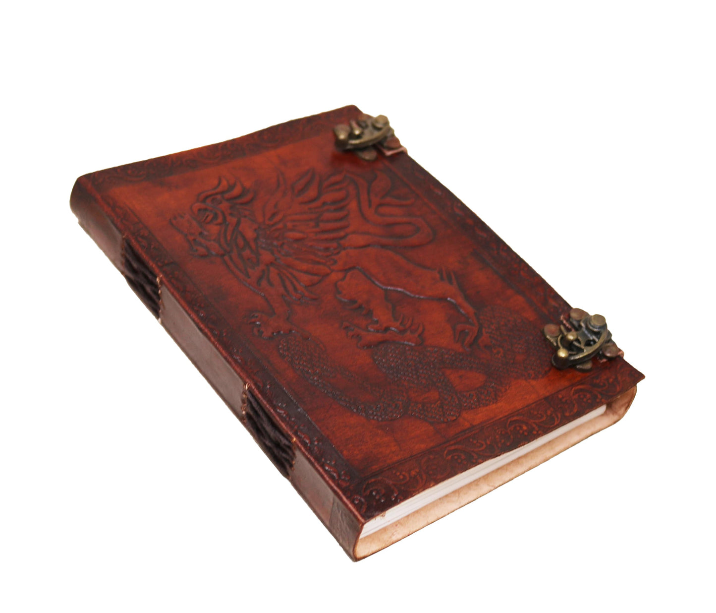 This Beautifully Handcrafted Leather Journal Features An Embossed Dragon And Lion Motif, Exuding A Mystical, Medieval Charm. The Rich Reddish-brown Cover With Ornate Brass Clasps Offers Vintage Elegance Security. Detailed Spine Stitching Reflects True Artisan Quality. Inside Are High-quality, Acid-free Pages—perfect For Writing Or Sketching. Unique Personalized Customized Gift Men Women, It Makes Thoughtful Birthday Gift, Graduation Creative Keepsake Fantasy Lovers Enthusiasts.