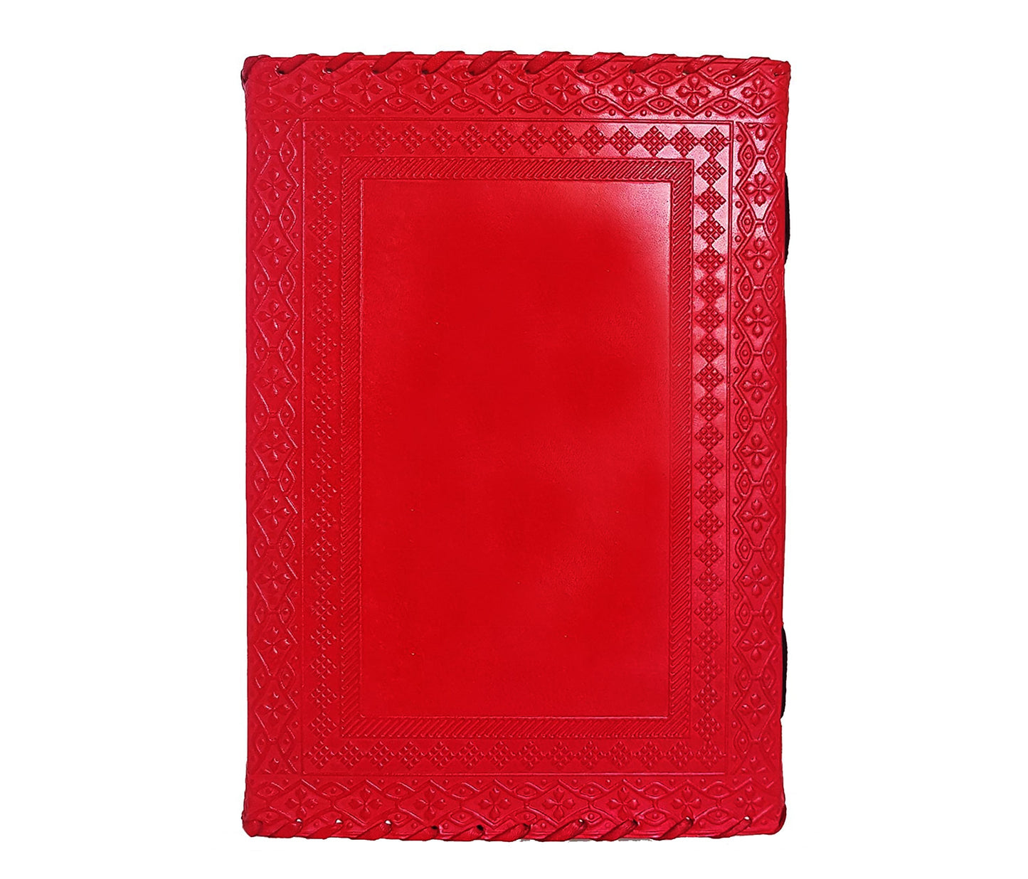 This Image Displays The Front Cover Of A Handcrafted Red Leather Journal, Featuring An Intricate Hand-embossed Design That Frames Smooth Central Panel—showcasing Traditional Craftsmanship. Rich, Vibrant Is Traditionally Tanned For Luxurious Texture And Finish. With Its Striking Artisanal Details, Journal Can Be Customized Personal Touch, Making It Ideal Gift Writers, Creatives, Or Anyone Who Values Timeless Style Meaningful Expression.