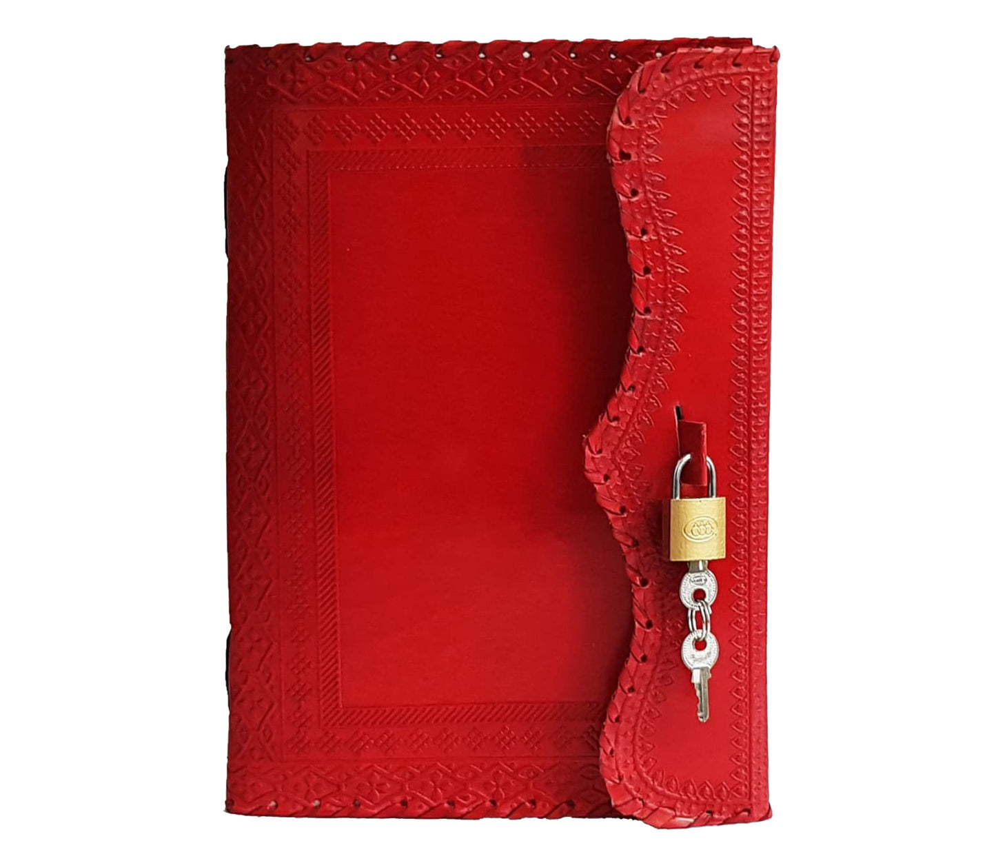 This Vibrant Red Leather Journal Blends Bold Elegance With Secure Design. Handcrafted From Traditionally Tanned Leather, Its Scalloped Flap And Hand-stitched Edges Wrap Gracefully Around A Sturdy Lock-and-key Closure Perfect For Protecting Personal Thoughts Or Sketches. Intricate Hand-embossed Detailing Frames The Vivid Cover, Adding Depth Sophistication. Standout, Customizable Gift Writers, Artists, Lovers Seeking Personalized, Meaningful Keepsake Timeless Style Artisanal Charm.