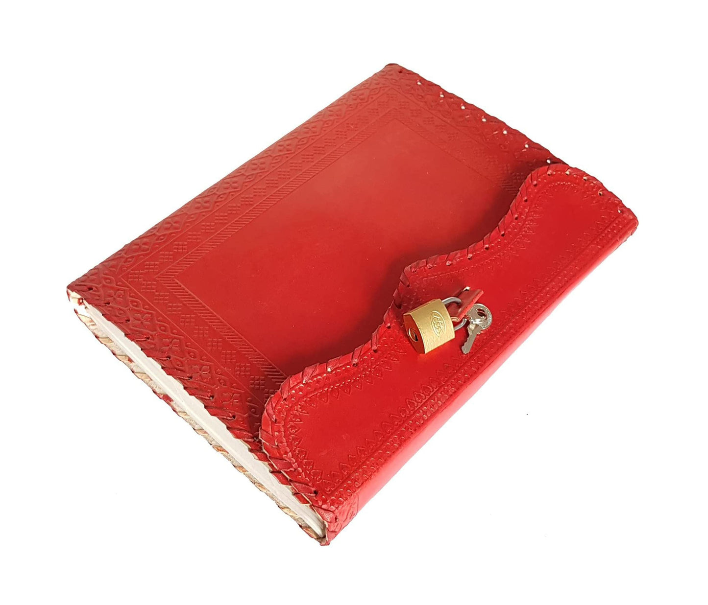This Handcrafted Red Leather Journal Merges Timeless Style With Everyday Utility. Made From Traditionally Tanned Leather, Its Rich Crimson Cover Is Adorned Subtle Hand-embossed Patterns And Detailed Hand-stitching. The Scalloped Flap Fastens Securely A Brass Lock Key, Offering Charm Protection. Inside, Thick Acid-free Pages Await Your Reflections Or Sketches. Personalized, Customizable Gift—ideal For Creatives, Journals, Anyone Who Values Craftsmanship Meaningful Expression.