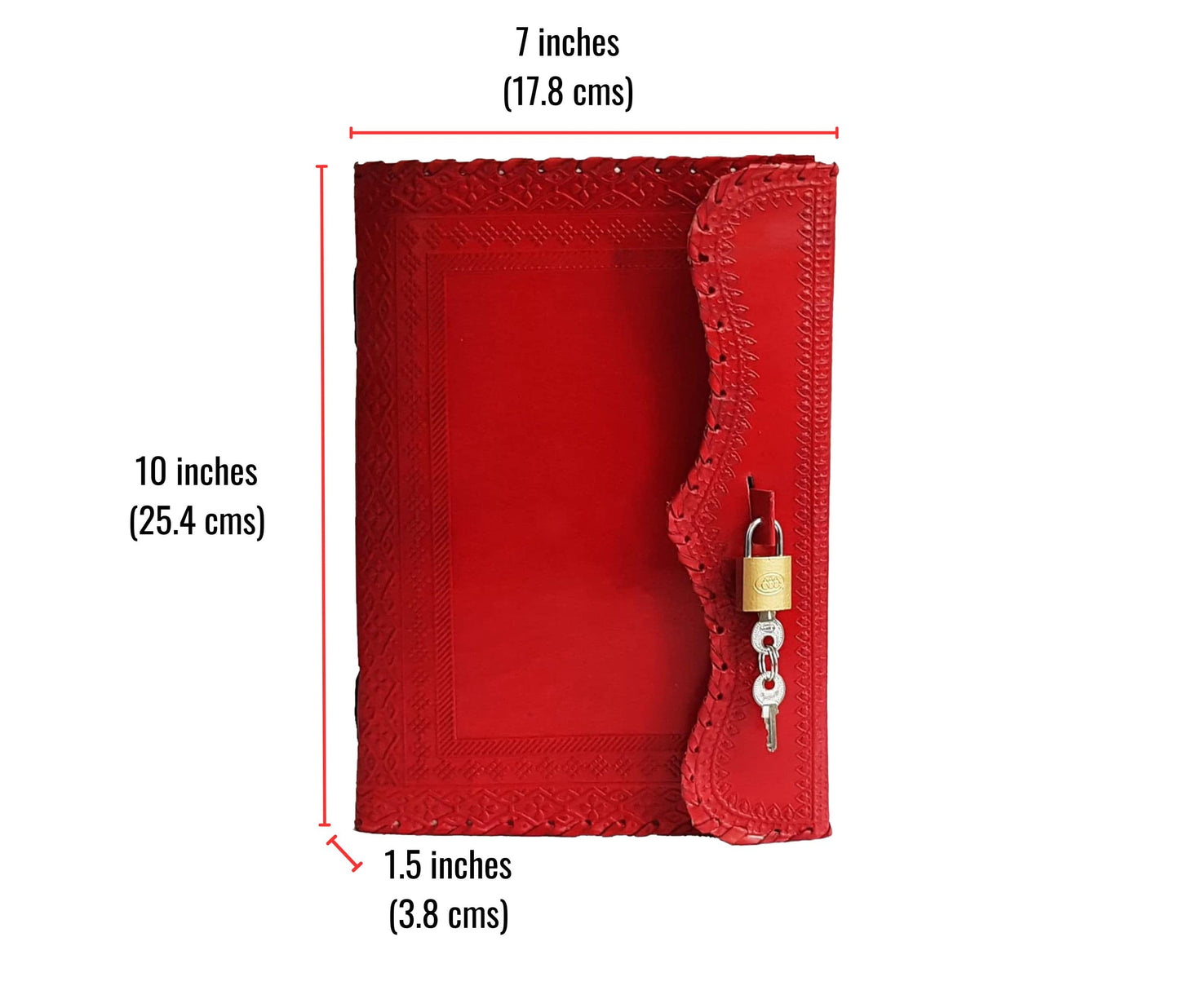 This Beautifully Crafted Red Leather Journal Measures 10 X 7 X 1.5 Inches (25.4 X 17.8 X 3.8 Cm), Offering Ample Space For Writing, Sketching, Or Journaling. The Elegant Cover Features Detailed Hand-tooled Patterns And A Uniquely Curved Flap, Secured By A Metal Padlock And Key For Vintage Charm And Privacy. A Stylish, Customizable Gift—ideal For Creatives, Writers, Or Anyone Seeking A Secure, Personalized Space For Their Thoughts And Ideas.
