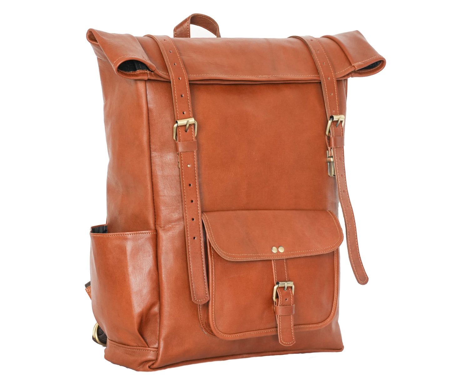 Handcrafted Genuine Leather Backpack In A Rich, Warm Tan Brown Color, This Piece Offers Timeless Appeal With Smooth, Semi-gloss Texture That Develops Character Over Time. The Roll-top Design Dual Brass Buckle Straps Provides Adjustable Storage, While Front Pocket And Side Slip Pockets Offer Easy Access To Bottles Or Accessories. Perfect Blend Of Vintage Charm Modern Utility, It Also Makes Personalized Customized Gift For Men Women—ideal Birthdays, Graduations, Everyday Use.