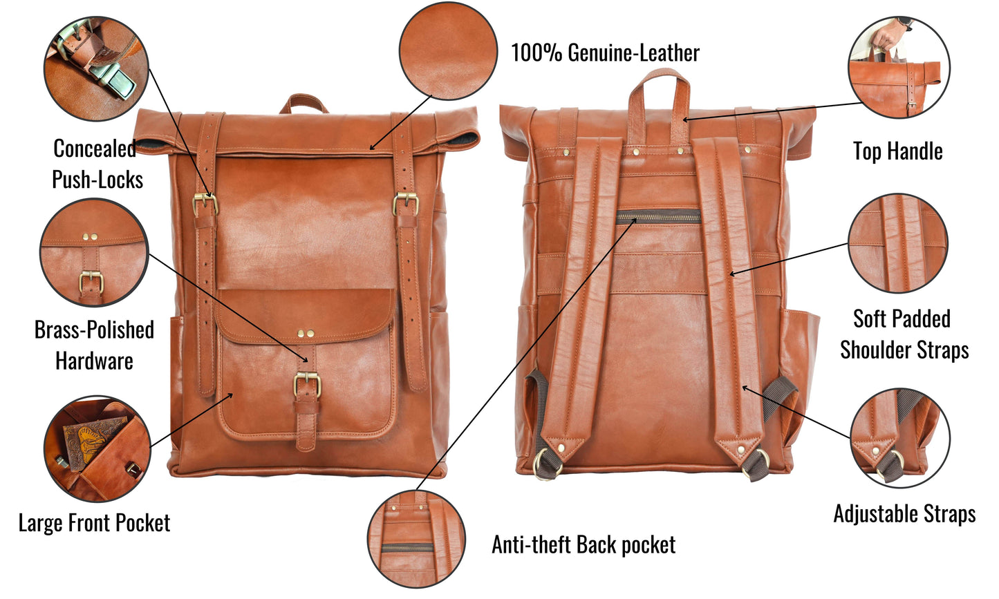 This Genuine Leather Backpack In A Rich Tan-brown Shade Combines Timeless Style With Modern Practicality. Crafted Smooth, Premium Texture, It Features Concealed Push-locks, Front Pocket, And An Anti-theft Back Pocket. Padded Straps Sturdy Handle, It’s Ideal For Daily Use, Travel, Or Work. Spacious Enough Laptops Books, Makes Thoughtful Personalized Customized Gift Men Women—perfect Birthdays, Graduations, Special Occasions.