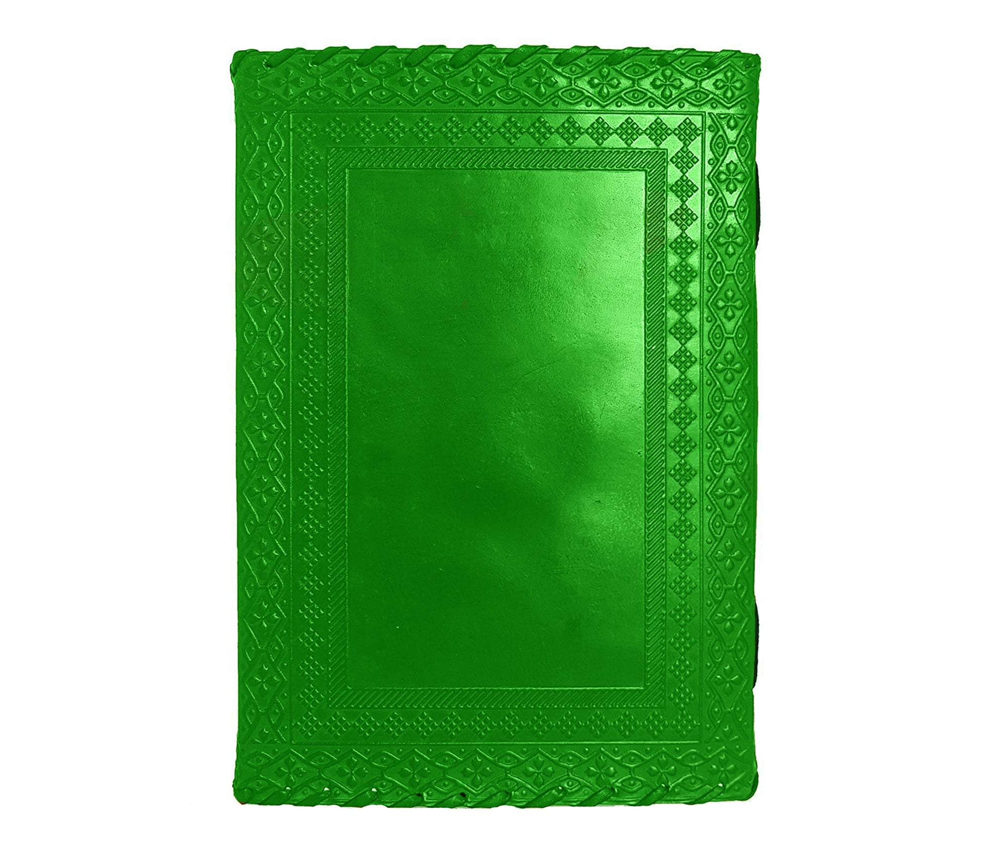 This Image Showcases The Back Cover Of A Handcrafted Green Leather Journal, Adorned With Intricate Hand-embossed Patterns That Reflect Traditional Artisanal Craftsmanship. Made From Durable, Traditionally Tanned Leather, It Offers Both Timeless Elegance And Lasting Quality. Smooth, Solid Finish Enhances Its Classic Appeal Tactile Beauty. Perfect Companion For Journaling, Sketching, Or Note-taking—this Customizable, Personalized Journal Makes Meaningful Gift Writers, Artists, Creative Souls.