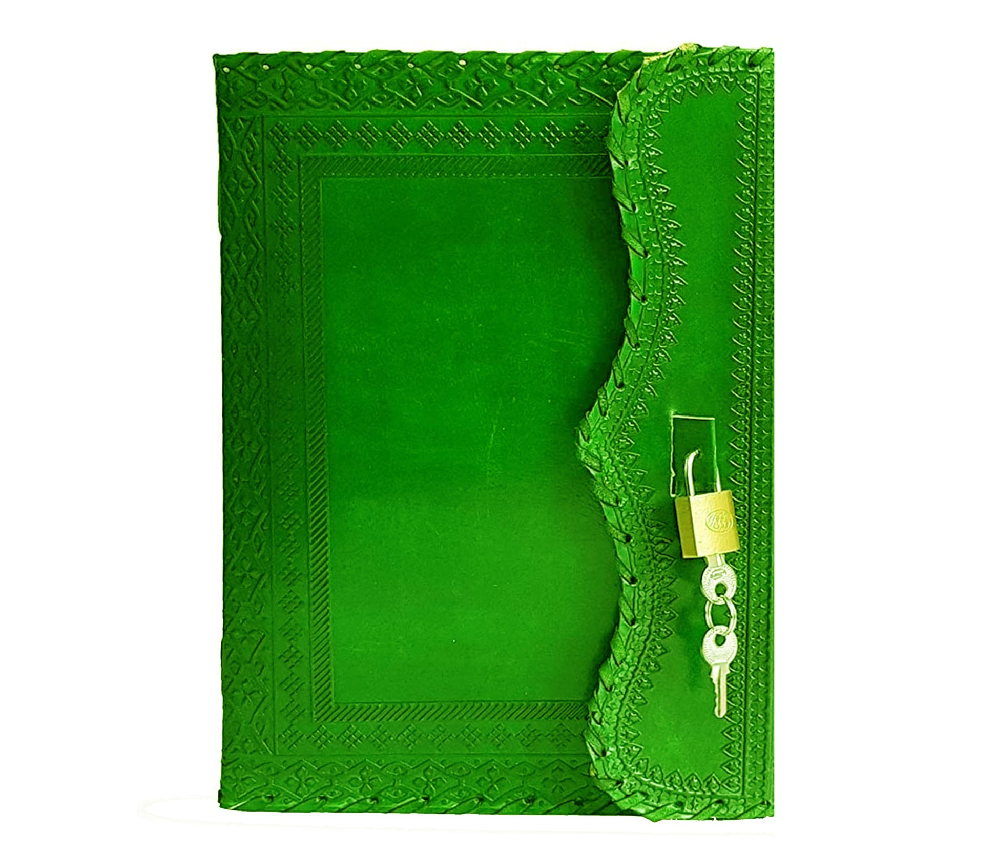 This Handcrafted Green Leather Journal Features A Secure Lock-and-key Closure—offering Both Timeless Style And Personal Privacy. Beautifully Hand-embossed With Traditional Patterns Finely Hand-stitched Edges, It Reflects Expert Craftsmanship. Vividly Tanned Using Methods, The Cover Boasts Rich Finish Unique Texture. Ideal For Journaling, Note-taking, Or Gifting, It’s Meaningful, Customizable Keepsake—blending Classic Elegance Everyday Functionality Writers, Thinkers, Creatives