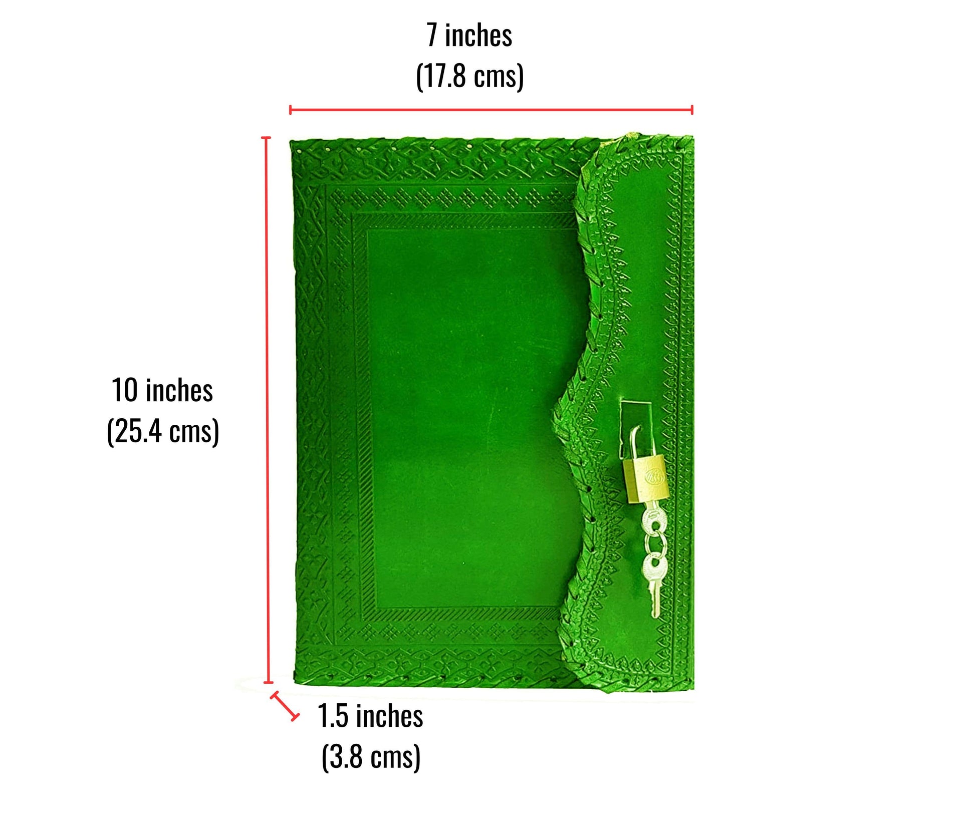 This Handcrafted Green Leather Journal Measures 10 X 7 Inches With A 1.5-inch Flap, Secured By Classic Lock-and-key Closure For Added Privacy. Made From Genuine Hand-stitched And Richly Embossed Traditional Patterns, It Blends Timeless Design Everyday Function. Compact Yet Spacious, It's Ideal Journaling, Note-taking, Or Sketching. Meaningful, Customizable Gift—perfect Writers, Students, Creatives Seeking Stylish, Secure Space Expression.