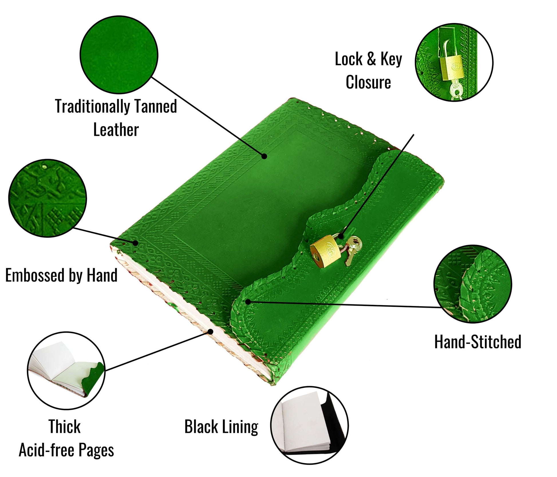 This Premium Handcrafted Green Leather Journal Is Made From Traditionally Tanned For Durability And Rich Aesthetic Appeal. Hand-stitched Hand-embossed, It Reflects True Artisanal Skill. The Lock-and-key Closure Ensures Privacy, Making Perfect Personal Journaling Or Note-keeping. Inside, Thick Acid-free Pages Preserve Your Writing Sketches, While A Sleek Black Lining Adds Elegance. Thoughtful, Customizable Gift Writers, Artists, Anyone Who Values Privacy Timeless Design.