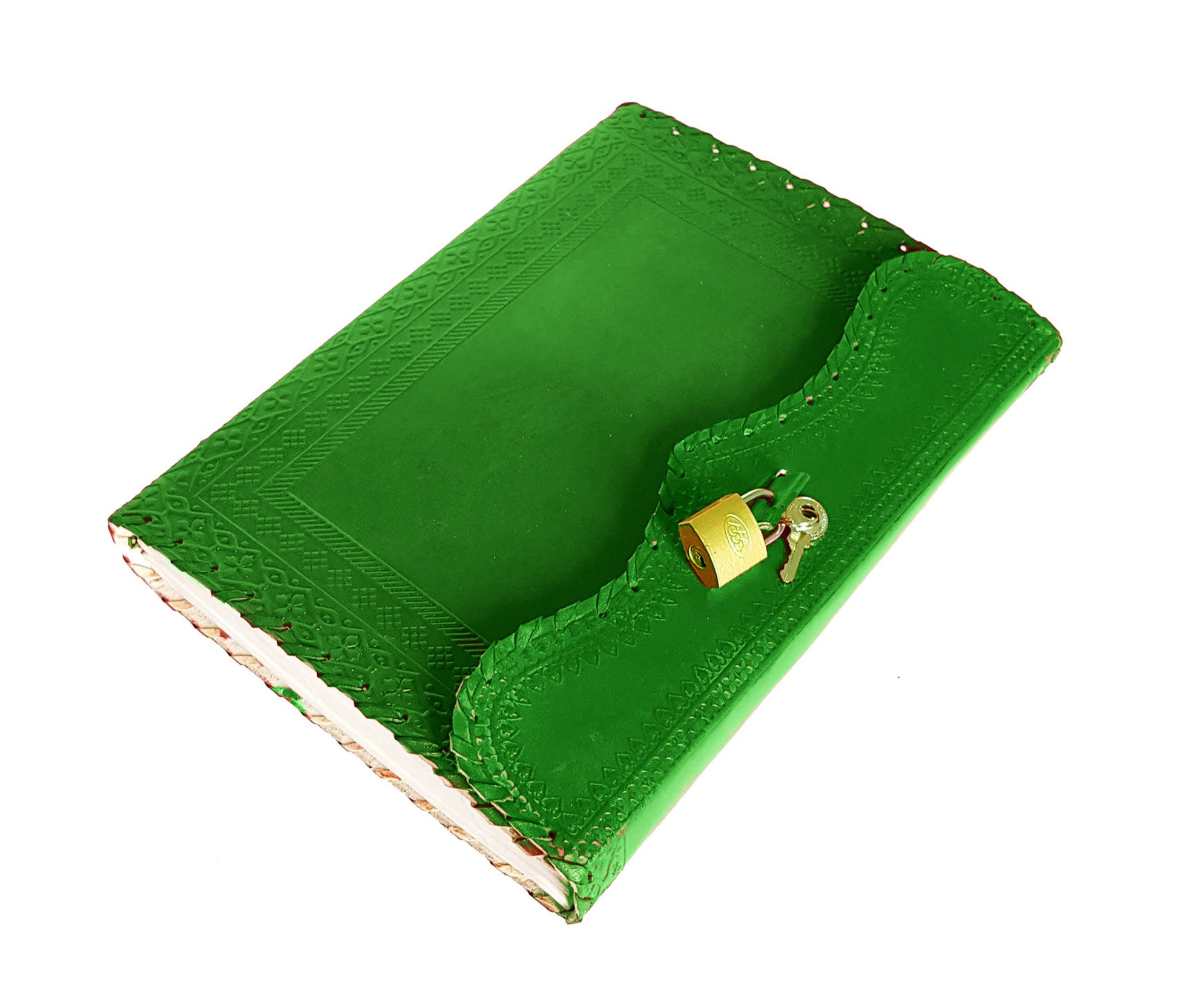 This Image Displays A Beautifully Crafted Green Leather Journal, Elegantly Closed With Lock-and-key System To Ensure Privacy And Security. The Journal Features Intricate Hand-embossed Designs Hand-stitched Borders, Highlighting Traditional Craftsmanship. Its Vibrant Cover Is Made From Genuine, Traditionally Tanned Leather, Offering Rich Durable Texture. Sturdy Spine Visible High-quality Acid-free Pages Make It Perfect For Writing, Sketching, Or Preserving Memories In Timeless Stylish Format.