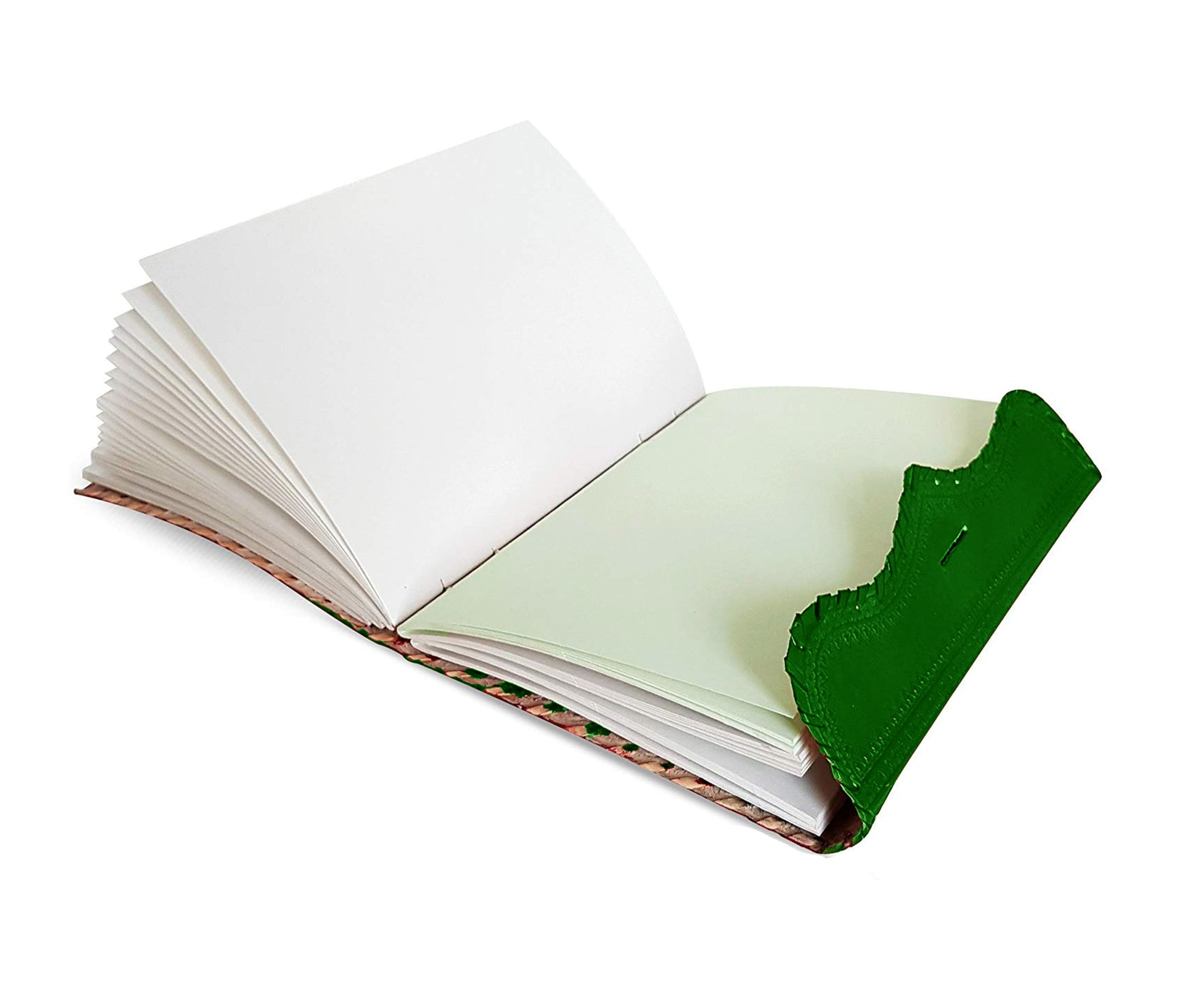 This Beautifully Handcrafted Green Leather Journal, Shown Open, Reveals Thick, Acid-free Pages Ideal For Writing, Sketching, Or Journaling Without Ink Bleed-through. The Traditionally Tanned Cover Folds Back Smoothly, Offering A Firm, Comfortable Writing Surface. Hand-stitched Spine Ensures Durability And Allows Journal To Lay Flat Daily Use. Elegant Functional, It’s Customizable, Personalized Gift—perfect Creatives, Writers, Anyone Seeking Timeless Artistry In Practical Format.