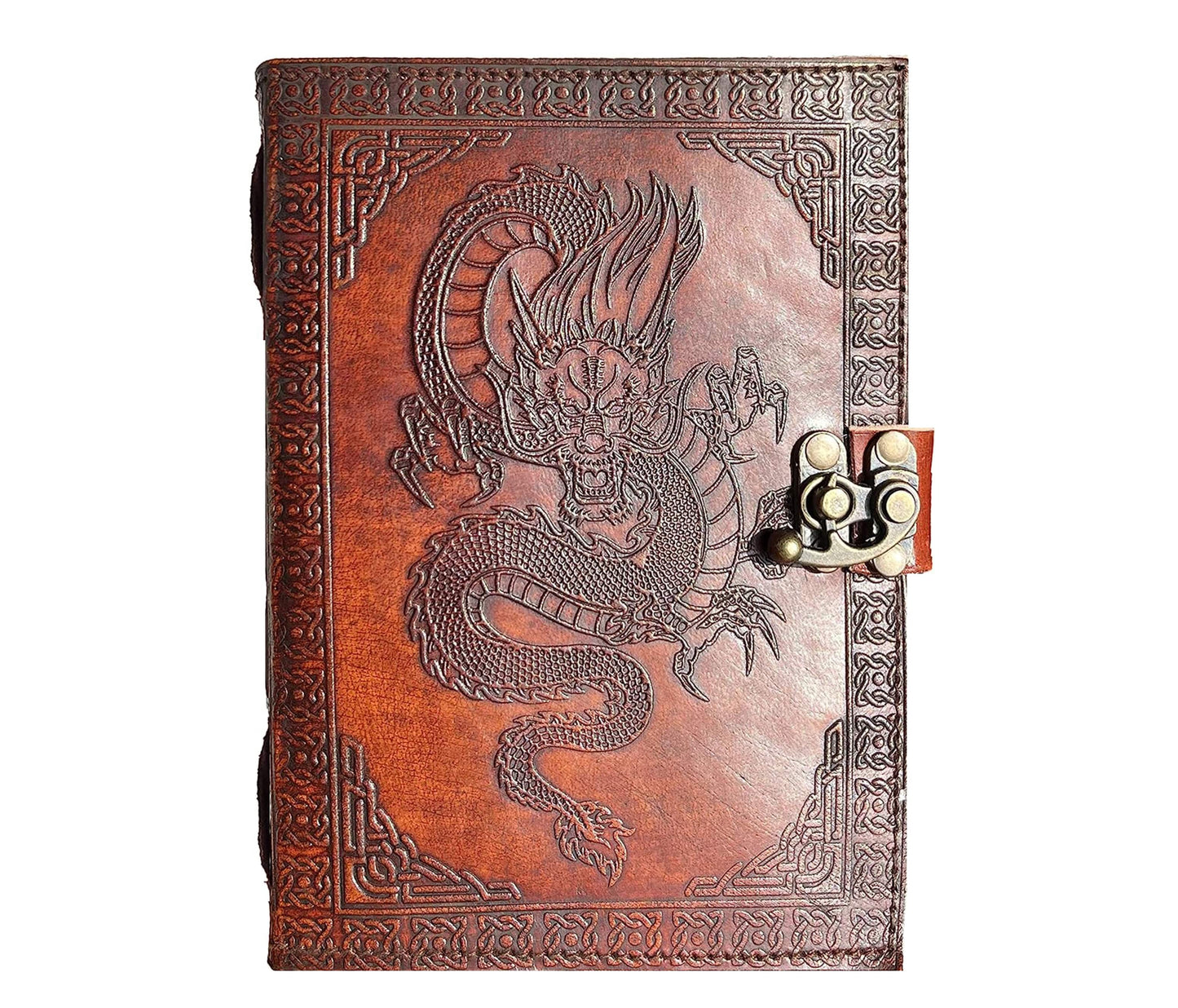 Embrace The Spirit Of Ancient Legends With This Handcrafted Leather Journal, Featuring A Fierce Dragon Embossing That Symbolizes Strength, Protection, And Wisdom. Rich, Reddish-brown Genuine Cover Is Bordered Ornate Detailing Secured By An Elegant Brass Clasp, Giving It Both Style Security. Inside, Thick Acid-free Pages Await Your Thoughts, Sketches, Or Secrets—perfect For Writers, Artists, Fantasy Enthusiasts. Whether Used As Personal Grimoire, Travel Meaningful Gift