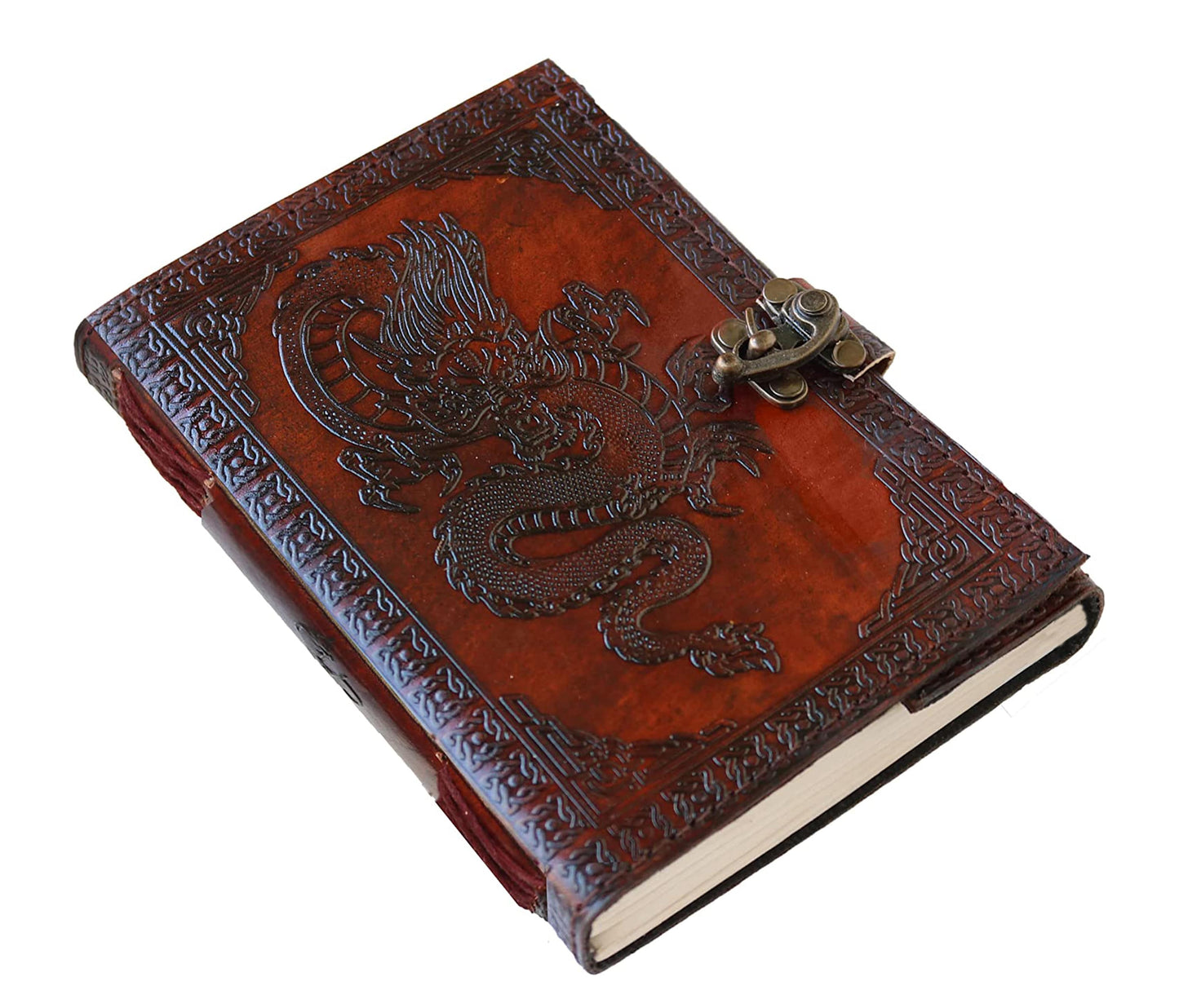 Command Attention With This Beautifully Handcrafted Leather Journal, Featuring A Striking Embossed Dragon Across Deep, Burnished Red Cover. The Intricate Border Detailing Frames Majestic Creature, While Vintage-style Brass Clasp Secures Your Secrets Elegance. Bound Care And Filled Thick, Acid-free Pages, Journal Is Perfect For Writing, Sketching, Or Preserving Dreams. Timeless Blend Of Artistry Function, It’s An Ideal Gift Writers, Fantasy Fans, Anyone Drawn To Powerful Symbolism Fine Craftsmanship.