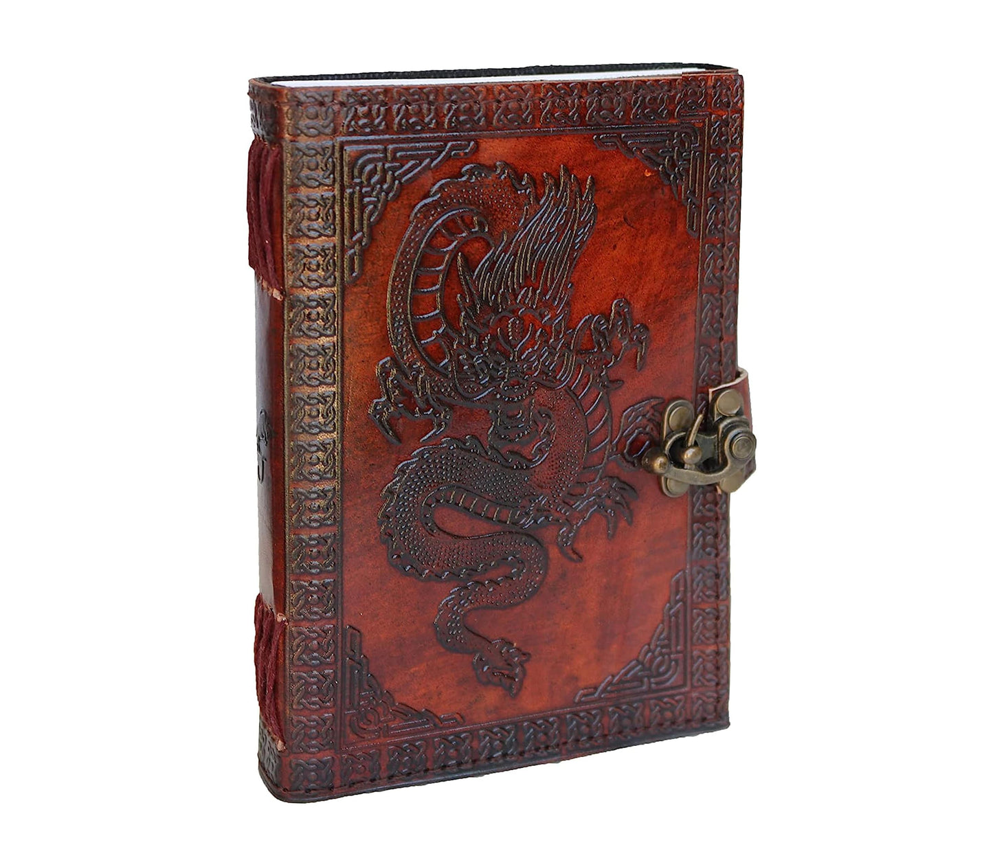 Unleash Your Inner Storyteller With This Handcrafted Leather Journal, Adorned With A Bold Dragon Motif Embossed Across A Fiery Red-brown Cover. Symbolizing Wisdom And Protection, The Dragon Is Surrounded By Intricate Corner Detailing And Secured With An Antique Brass Clasp For Both Style And Security. The Spine Is Hand-stitched For Durability, While The Interior Houses Thick, Acid-free Pages Ideal For Writing, Drawing, Or Recording Personalized Journeys. Whether You're Journaling, World-building, Or Gifting