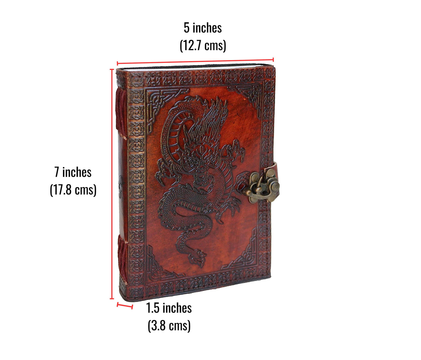 Stand Out With This 7 X 5-inch Handcrafted Leather Journal, Adorned An Intricately Embossed Dragon Design That Embodies Strength, Wisdom, And Mystery. Made From Genuine Secured A Vintage Brass Clasp, Journal Blends Old-world Charm Practical Function. Its 1.5-inch Spine Holds Thick, Acid-free Pages Ideal For Writing, Sketching, Or Spiritual , Customized Journaling. The Deep Red-brown Tone Detailed Border Work Make It Captivating Piece Fantasy Lovers, Creatives, Thoughtful Gift-givers