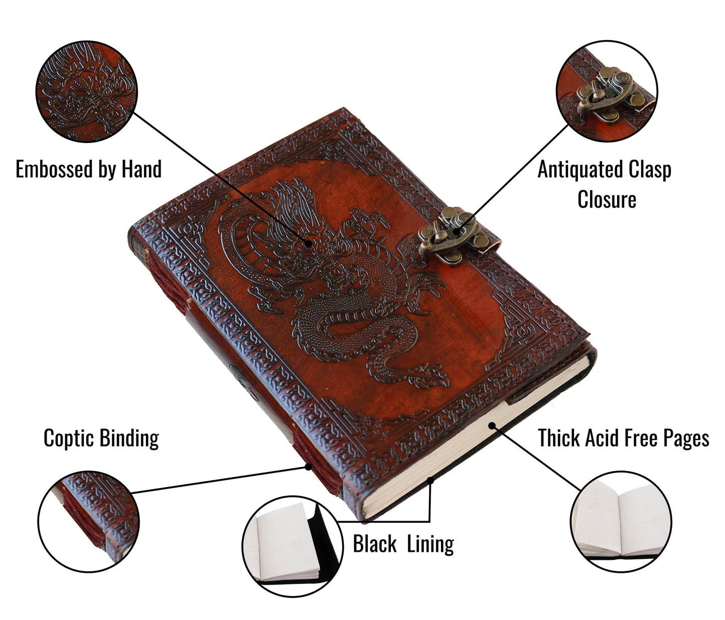 Crafted For Those Who Appreciate Detail And Durability, This Handcrafted Leather Journal Features A Bold, Hand-embossed Dragon Design On Rich Red-brown Cover. Measuring 7 X 5 Inches With 1.5-inch Spine, It Includes An Antiquated Clasp Closure Secure Vintage Touch. The Interior Showcases Thick, Acid-free Pages Perfect Writing, Sketching, Or Spiritual Work, All Held Together Coptic Binding That Allows To Lie Flat. Sleek Black Lining Adds Contrast Elegance. Notebook Is Not Just Toolit's Tribute Artistry