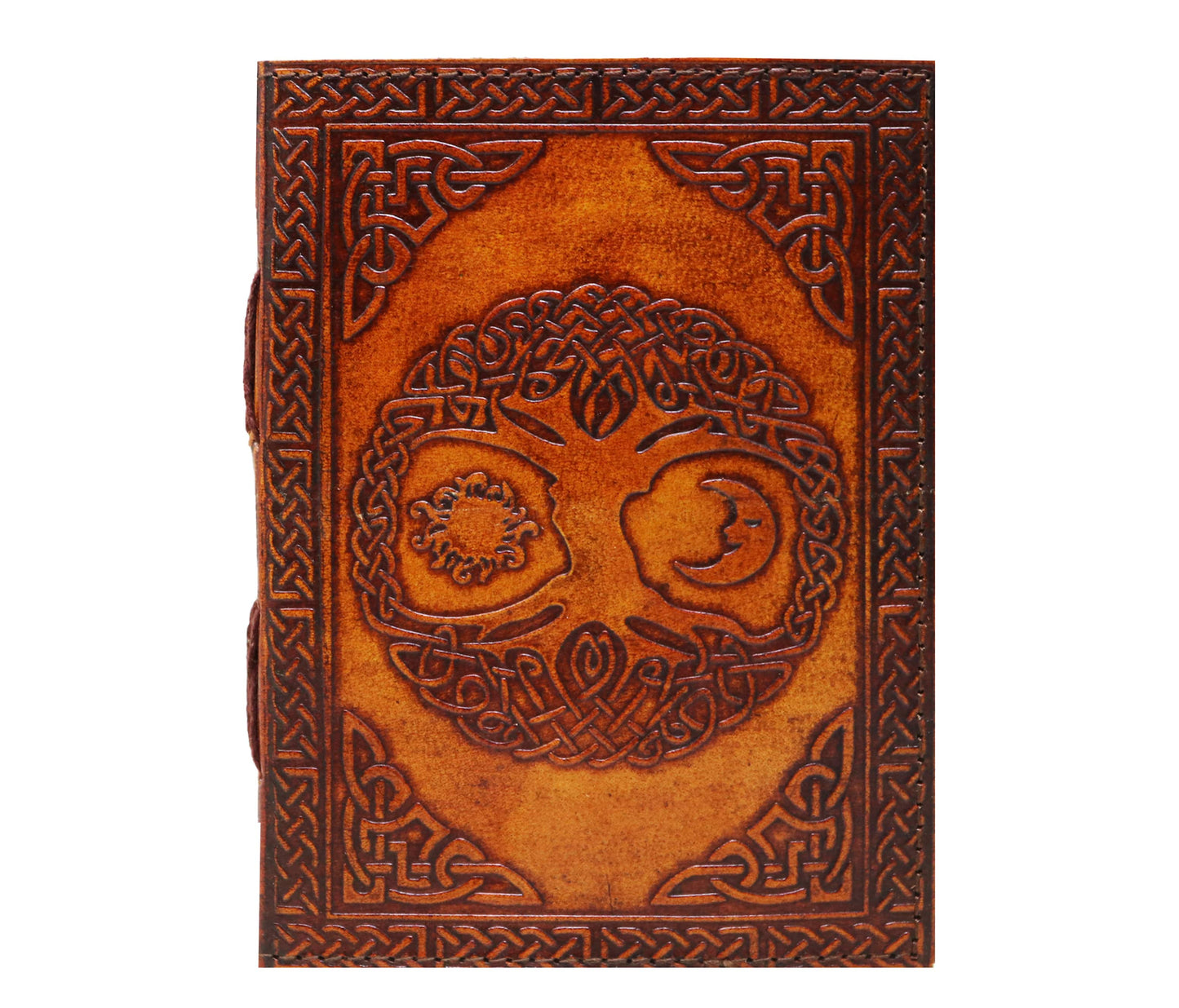 Celtic Embossed Leather Journal – Intricate Craftsmanship from Cover to The back cover of this handcrafted leather journal displays the same stunning level detail as front, with an intricately embossed Tree Life surrounded by woven knot patterns. Made high-quality full-grain leather, offers a rich, burnished tone that deepens age and use. symmetrical embossing symbolizes balance connection, making it not just writing tool, but work art. Perfect for journaling, sketching, or gifting, piece captures timeless