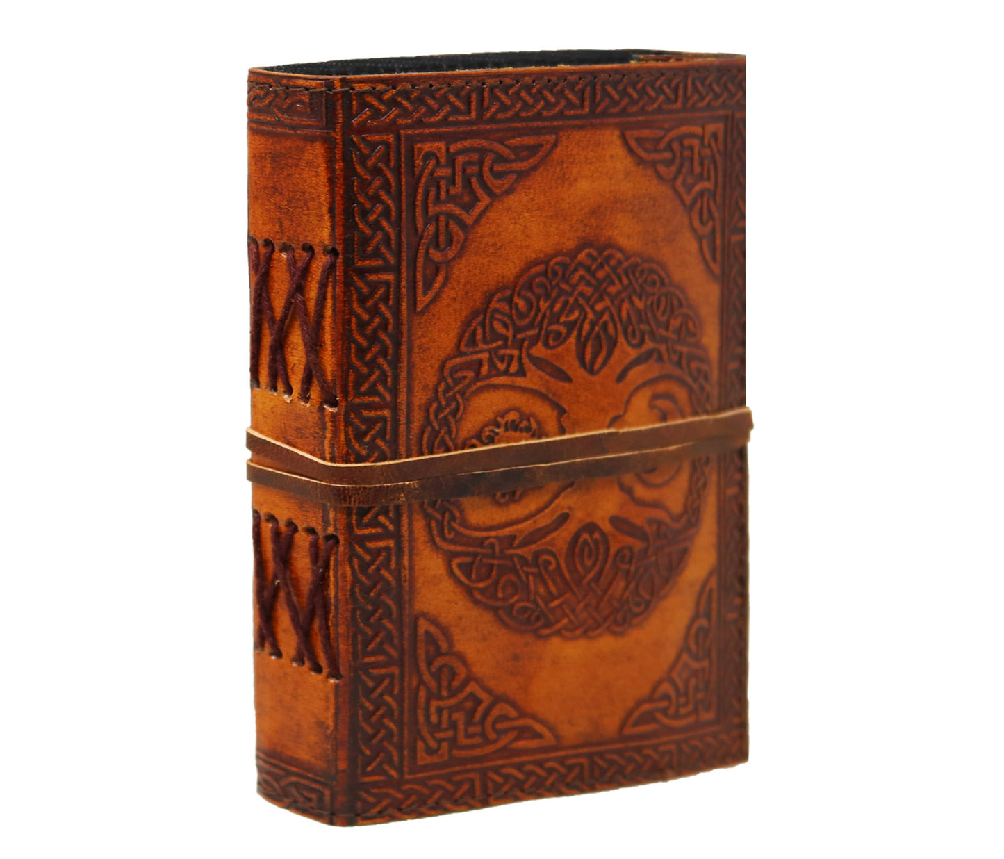 Showcasing True Artisanal Craftsmanship, This Embossed Leather Journal Features A Detailed Celtic Tree Of Life On Rich Brown Full-grain Cover. Hand-stitched Coptic Binding Ensures Durability, While The Wrap-around Strap Secures Your Pages. With Its Medieval Charm And Intricate Border Detailing, It’s Perfect For Writers, Artists, Or Spiritual Thinkers. Thoughtful, Personalized Gift Men Women—ideal Birthdays, Graduations, Customized Keepsakes That Inspire Creativity Reflection.