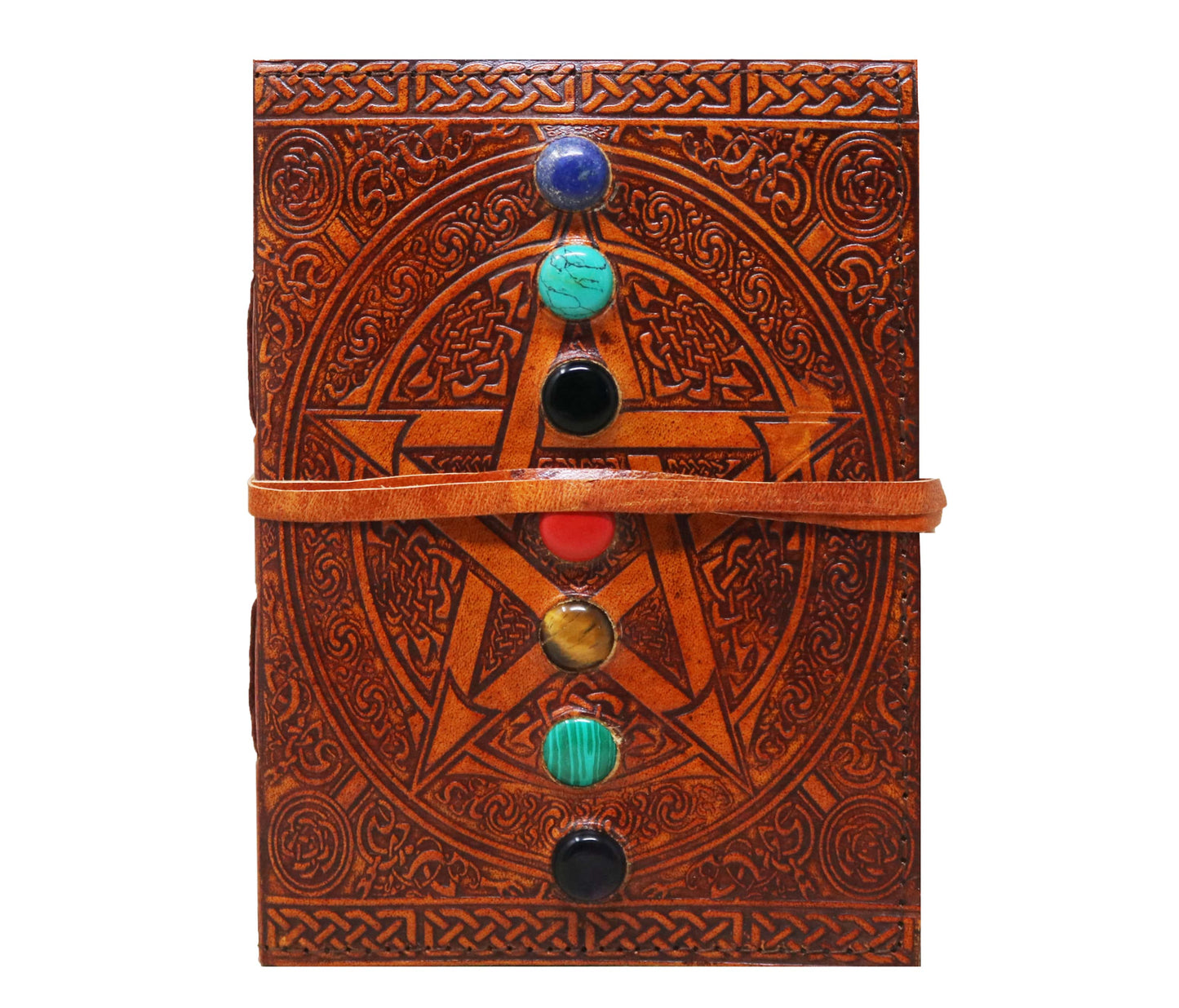 Spiritual Practice With This Handcrafted Chakra Leather Journal, Featuring A Powerful Pentagram Design Embossed On Premium Genuine Leather. Adorned Seven Healing Stones, It’s Ideal For Meditation, Manifestation, Spellwork, And Tarot Journaling. The Durable Wraparound Strap Hand-stitched Binding Ensure Long-lasting Use, While Acid-free, Unlined Pages Inspire Creativity Reflection. Perfect Personalized Customized Gift Men Women—ideal As Unique Birthday Or Graduation Gift.