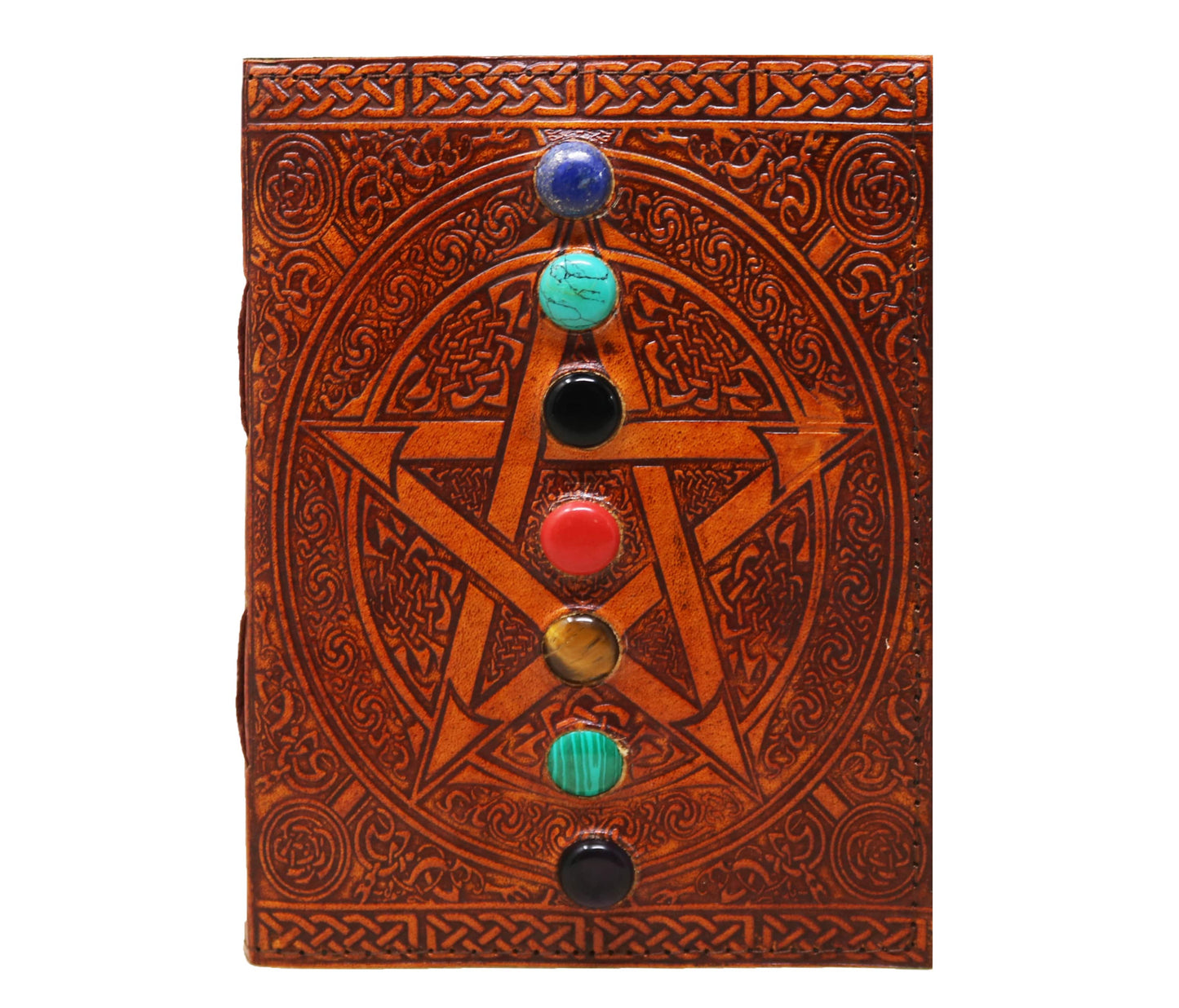 Unleash Your Inner Mystic With This Handcrafted Chakra Stone Leather Journal, Exquisitely Embossed A Sacred Pentagram Design. Made From Genuine Leather, It Features Seven Vibrant Crystals To Align Energy In Comfort During Writing, Meditation, Or Manifestation. Adorned Celtic Knot Detailing And Intricate Hand-tooling, Radiates Powerful Spiritual Energy. Perfect As Witchcraft Grimoire Spell Planner, Chakra-embossed Journal Is Beautifully Customized Companion For Any Modern Seeker’s Personalized Journey.
