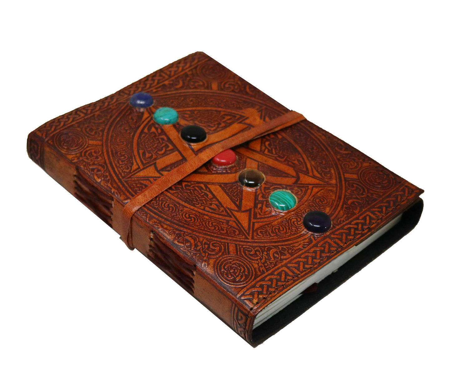 Unleash your inner mystic with this Chakra stone leather journal, beautifully embossed with a sacred pentagram design and inlaid with seven natural healing stones. Handcrafted from genuine leather, this Wiccan spellbook features intricate Celtic knotwork, a secure wrap closure, and durable Coptic binding. Ideal for spiritual seekers, witches, and healers, it serves as a personalized and customized tarot journal, astrology notebook, or ritual diary. The deckle-edge handmade paper adds unique, rustic charm
