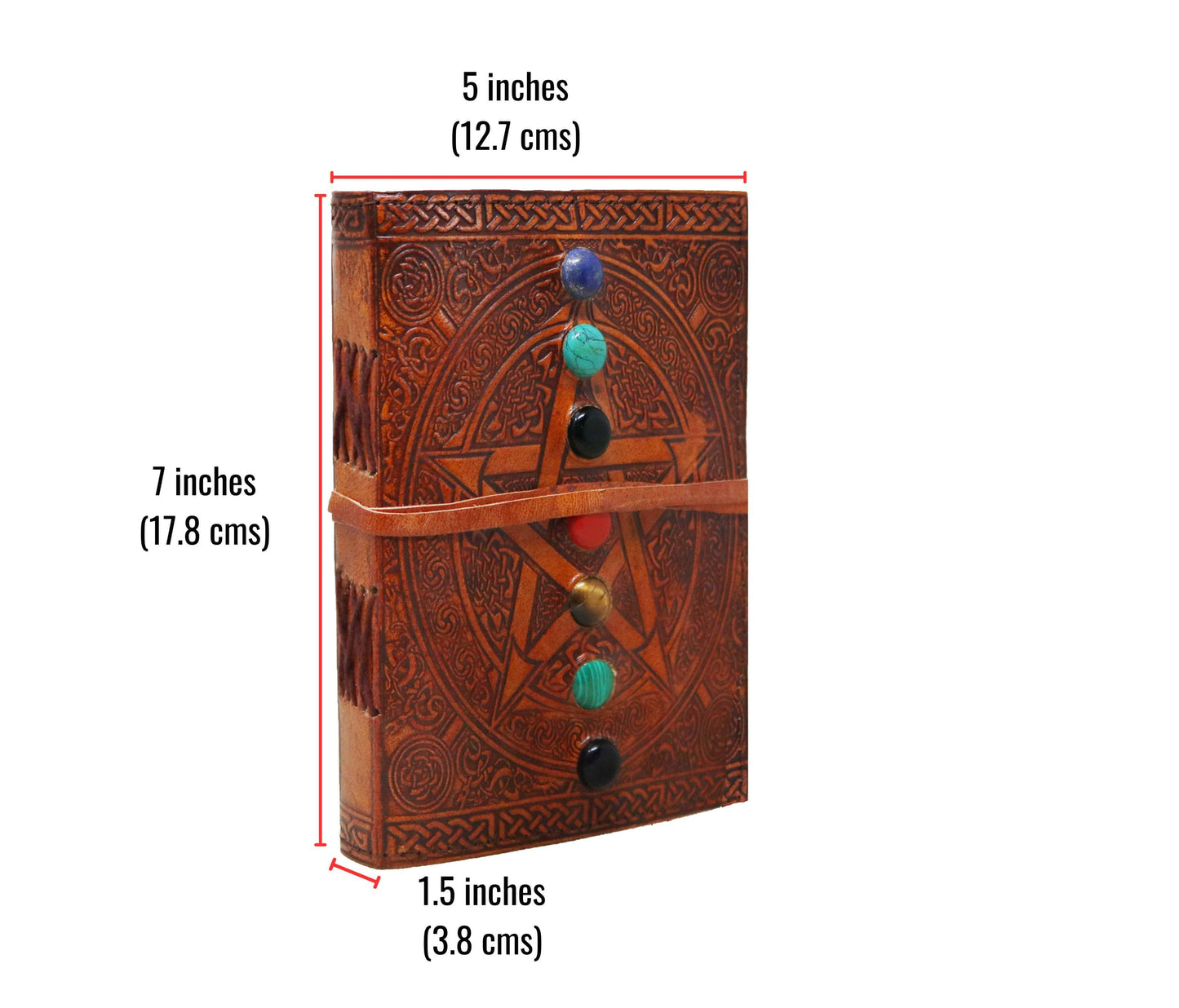 Crafted With Care And Mystique, This Handmade Leather Journal Is A Stunning Blend Of Artistry Function. Featuring Richly Embossed Pentagram Design Adorned Seven Chakra Healing Stones, It’s Perfect For Spiritual Writers, Witches, Lovers Vintage Charm. The Rustic Wrap Closure Adds An Old-world Touch, While Thick, Eco-friendly Paper Ensures Smooth Writing Experience. Personalized Customized Gift Men Women Alike, Diary Magical Companion Must-have Any Soulful Seeker.