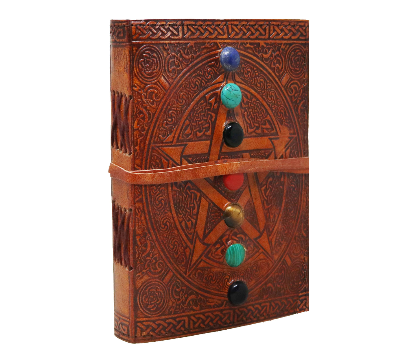 Awaken Your Spirit With This Handcrafted Chakra Leather Journal, Adorned Seven Vibrant Stones And A Powerful Pentagram Design Embossed On Genuine Leather. Perfect For Spiritual Journaling, Mystical Notebook Features Secure Strap Closure Hand-stitched Coptic Binding Durability Charm. Every Detail—from The Celtic Knotwork Embossing To Radiant Gemstones—is Crafted Channel Positive Energy Grounding. Customized Personalized Companion Witches, Healers, Soul Searchers—ideal As Grimoire, Spellbook, Or Tarot Journal