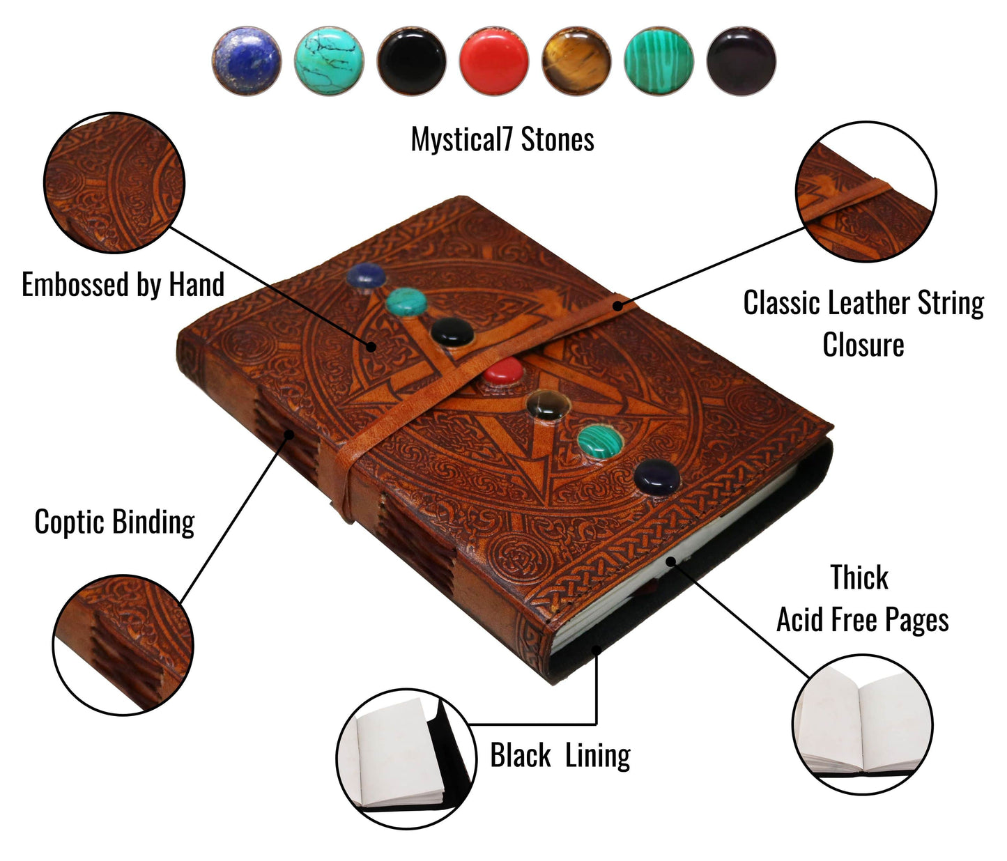 Channel ancient energy with this handcrafted leather journal featuring mystical 7 chakra stones and a hand-embossed pentagram design. Meticulously made from genuine leather, this spiritual diary includes durable Coptic binding, soft black lining, and acid-free pages—perfect for writing, sketching, or spellwork. The classic leather wrap closure keeps your thoughts safe and sacred. Ideal for meditation, witchcraft, Wiccan rituals, or as a personal grimoire, this personalized and customized notebook