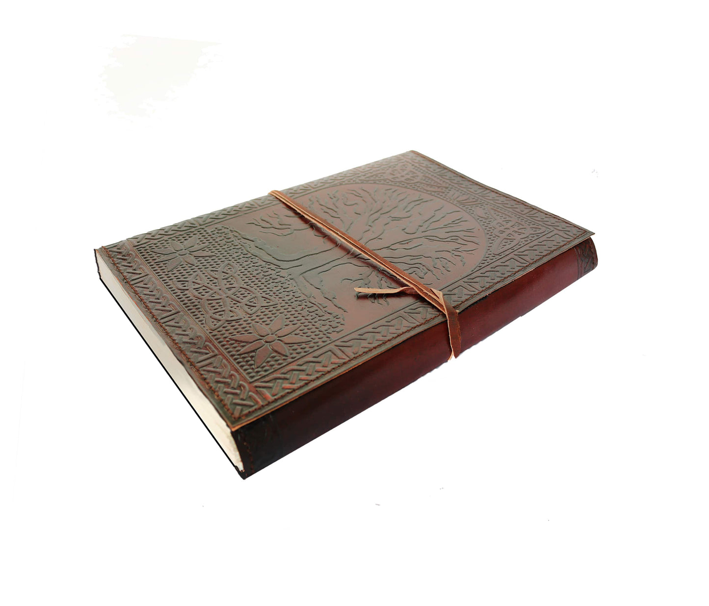 Elevate Your Journaling Experience With This Personalized Tree Of Life Leather Journal, Symbolizing Strength, Growth, And Connection. Handcrafted From Genuine Leather, Its Rich Brown Cover Features Intricate Celtic Knot Embossing, Secured A Classic Tie Closure. Compact Travel-friendly, It's Perfect For Spiritual Journeys, Daily Notes, Or Creative Sketches. Thick, Unlined, Eco-friendly Pages, Customized Journal Makes Meaningful Birthday Gift, Graduation Thoughtful Keepsake Both Men Women.