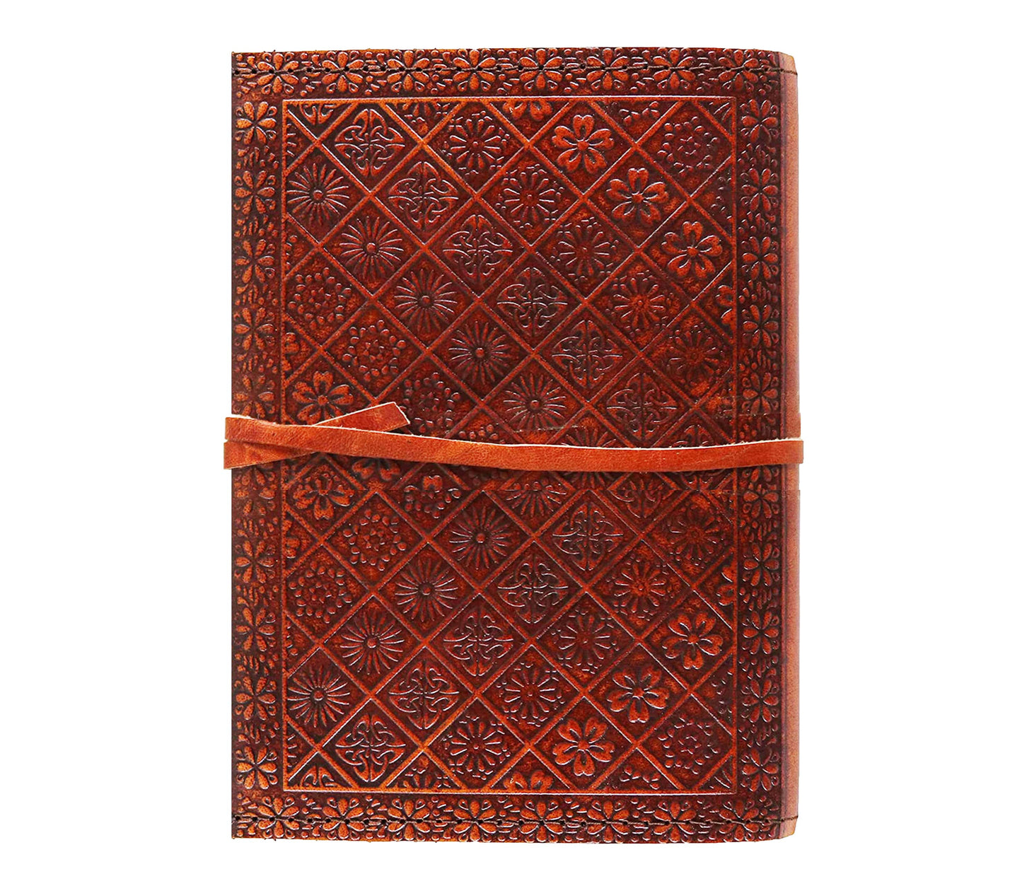 Crafted With Precision, The Back Cover Of This Handmade Leather Journal Features An Intricate Grid Floral Embossing, Each Motif Hand-pressed For A Beautifully Textured Finish. Rich Reddish-brown Exudes Warmth And Artisanal Charm, While Durable Wrap-around Strap Keeps It Securely Closed. Perfect Personalized Customized Gift Men Women, Makes Ideal Birthday Gift, Graduation Or Treasured Companion Writers, Artists, Lovers Craftsmanship.