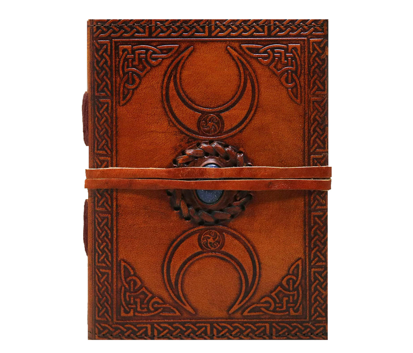 Channel Ancient Wisdom And Celestial Energy With This Triple Moon Goddess Leather Journal, Handcrafted From Rich Tan Embossed Sacred Lunar Symbolism. A Central Stone Accent Celtic Border Add Mystical Charm, While Sturdy Wrap Closure Ensures Your Writings Stay Secure. Perfect For Rituals, Reflections, Or Spellwork, Journal Is Beautiful Personalized Customized Gift Men Women—ideal As Birthday Gift, Graduation Spiritual Companion.