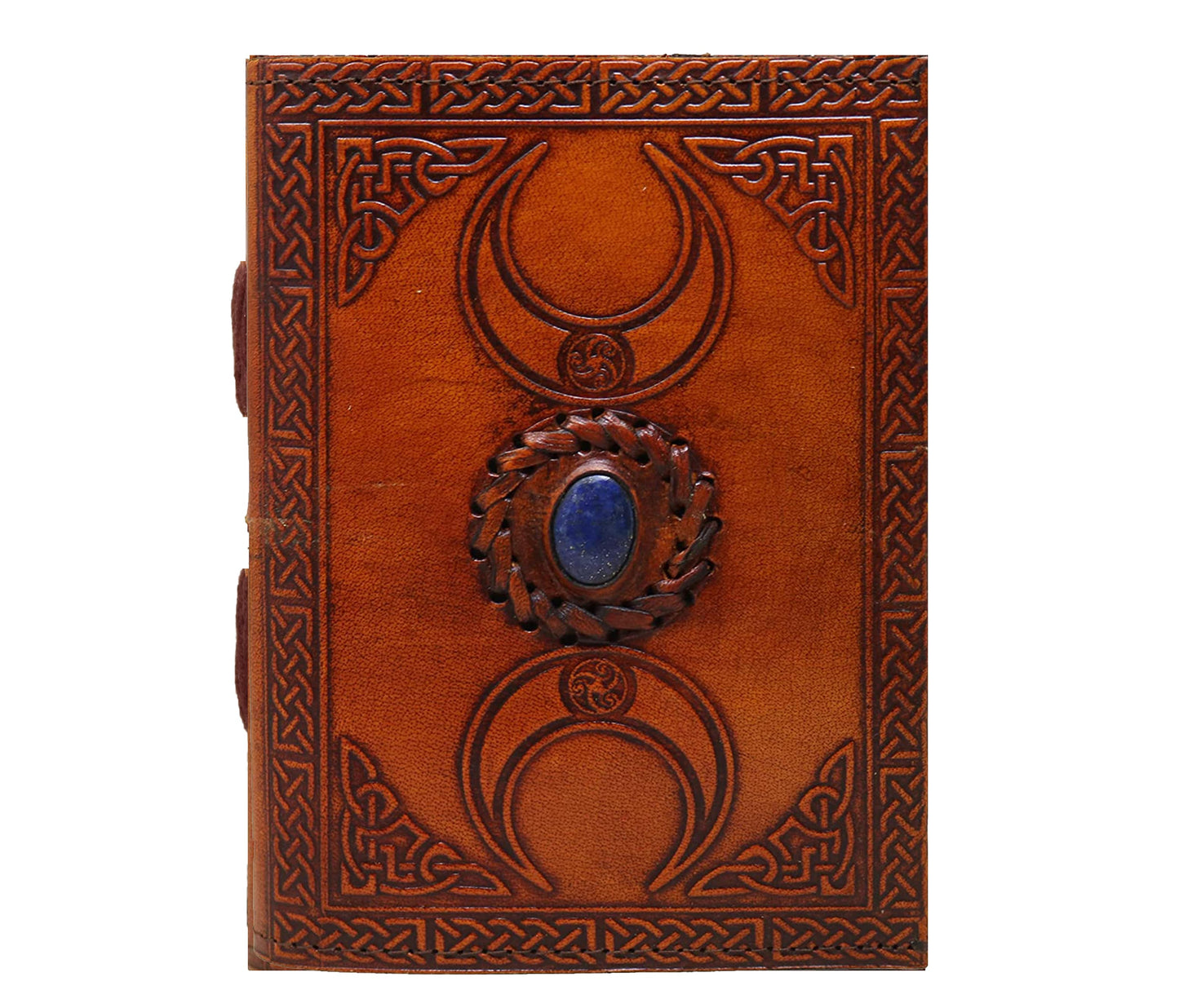 Embrace The Power Of Intuition And Transformation With This Hand-tooled Triple Moon Leather Journal, Featuring A Polished Blue Stone At Its Center. Symbolizing Maiden, Mother, Crone, Lunar Embossing Reflects Life’s Full Cycle Spiritual Growth. Crafted From Premium Secured Braided Center Design, It’s Perfect For Capturing Dreams, Spells, Tarot Readings, Or Personal Reflections. Meaningful Personalized Customized Gift Men Women—ideal As Birthday Graduation Gift.