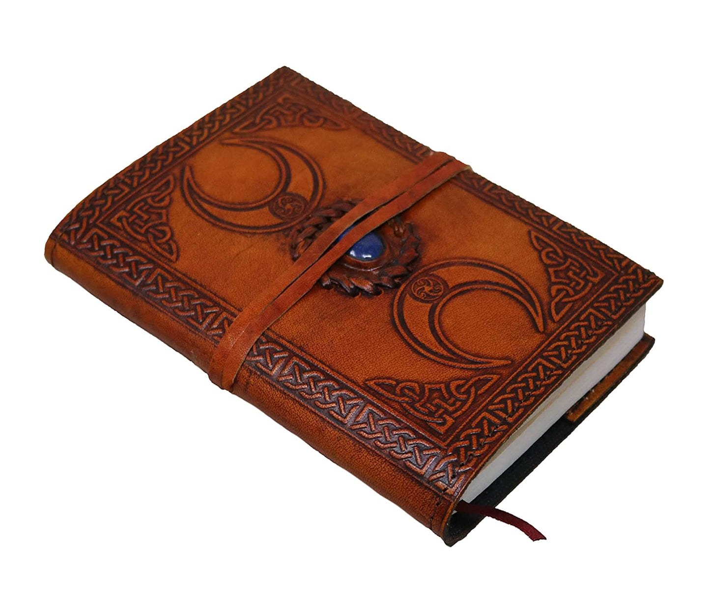 Crafted For The Modern Mystic, This Hand-embossed Leather Journal Features Powerful Triple Moon Symbol, Representing Maiden, Mother, And Crone. Warm, Sun-kissed Brown Cover Is Adorned With Intricate Celtic Patterns A Striking Blue Gemstone Centerpiece. Thick, Acid-free Pages Ribbon Bookmark, It's Ideal Spells, Affirmations, Or Reflections. Wraparound Strap Ensures Security—making It Perfect Personalized Customized Gift Men Women, As Birthday Graduation