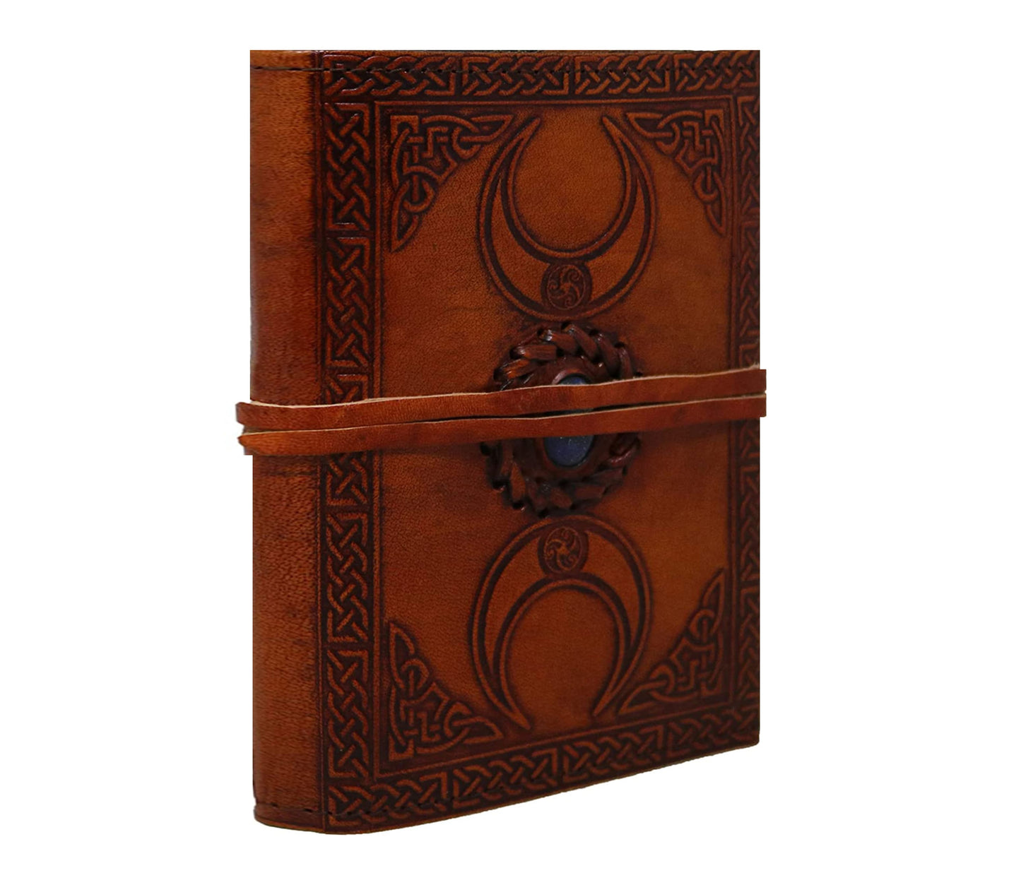 Step Into Your Sacred Space With This Beautifully Handcrafted Triple Moon Journal, Where Celtic Knots And Lunar Phases Converge In A Timeless Design. Made From Rich Brown Leather, It Features Detailed Embossing Of The Goddess Symbol, Honoring Feminine Energy, Intuition, Inner Wisdom. Hand-braided Center Holds Deep Blue Stone For Mystical Touch. Secured Sturdy Wrap, It’s Perfect Personalized Customized Gift Men Women—ideal As Birthday Or Graduation Gift.